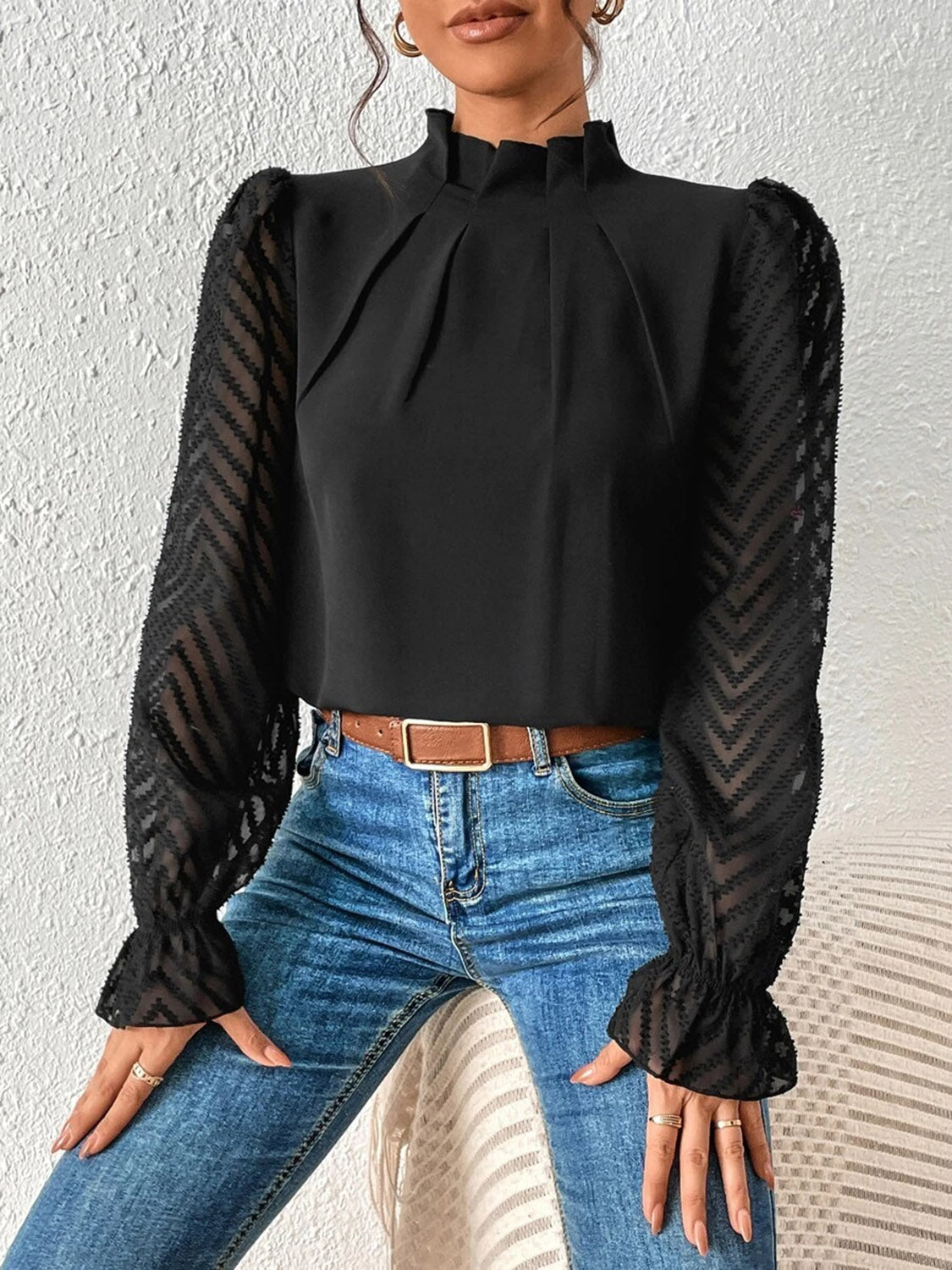Mock Neck Flounce Sleeve Blouse - Flip Flop Dynasty