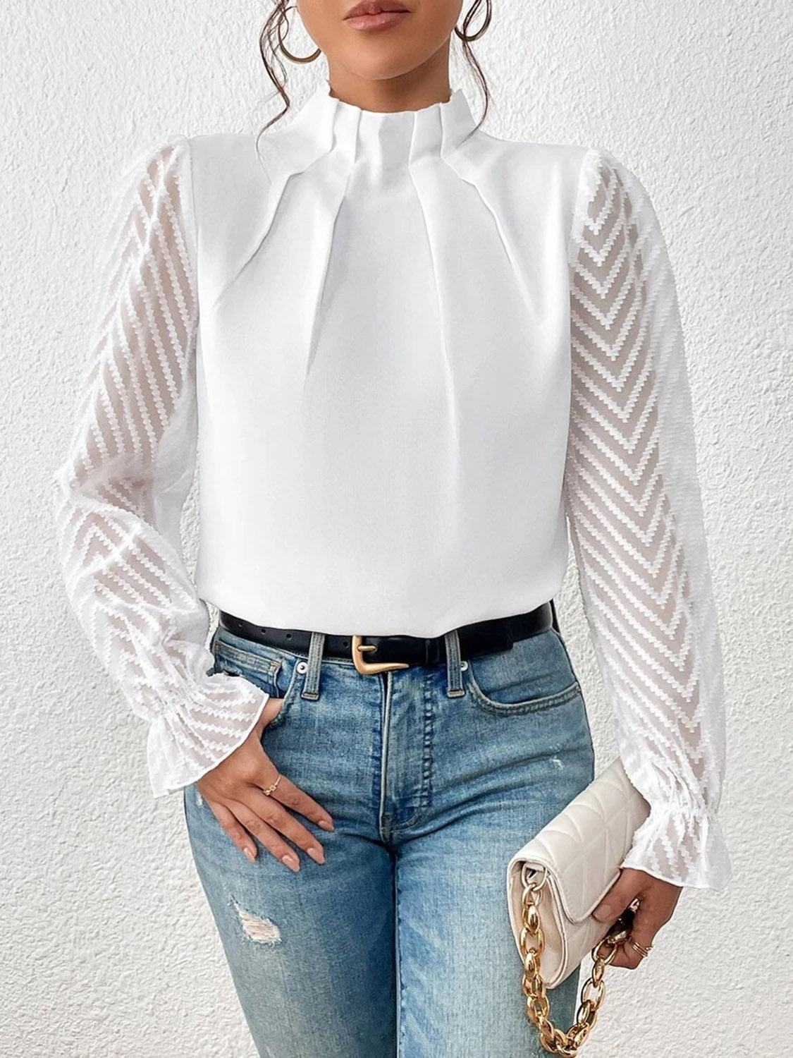 Mock Neck Flounce Sleeve Blouse - Flip Flop Dynasty