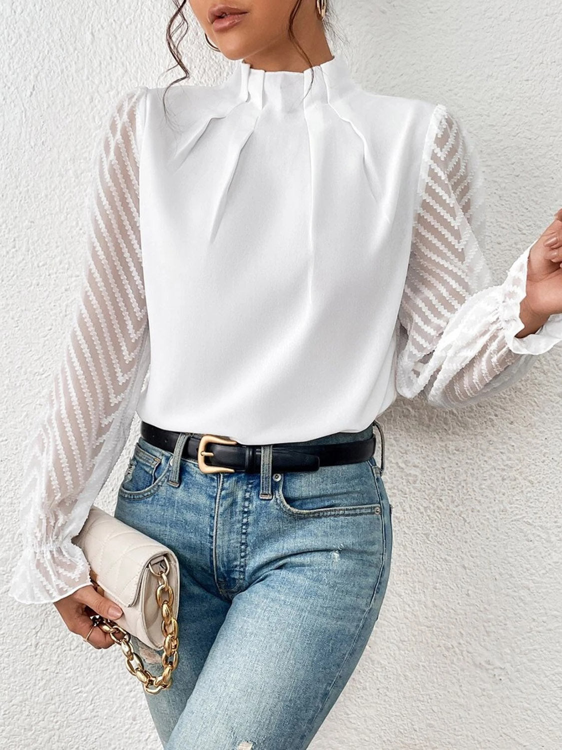 Mock Neck Flounce Sleeve Blouse - Flip Flop Dynasty