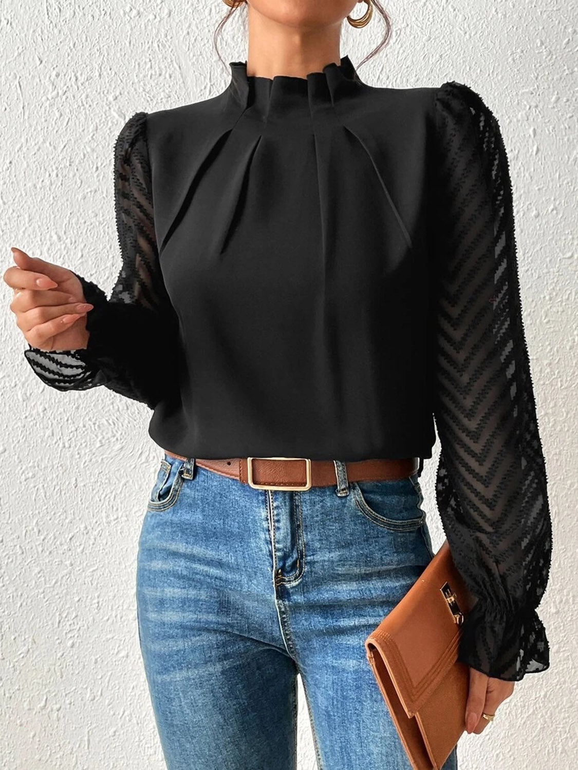 Mock Neck Flounce Sleeve Blouse - Flip Flop Dynasty