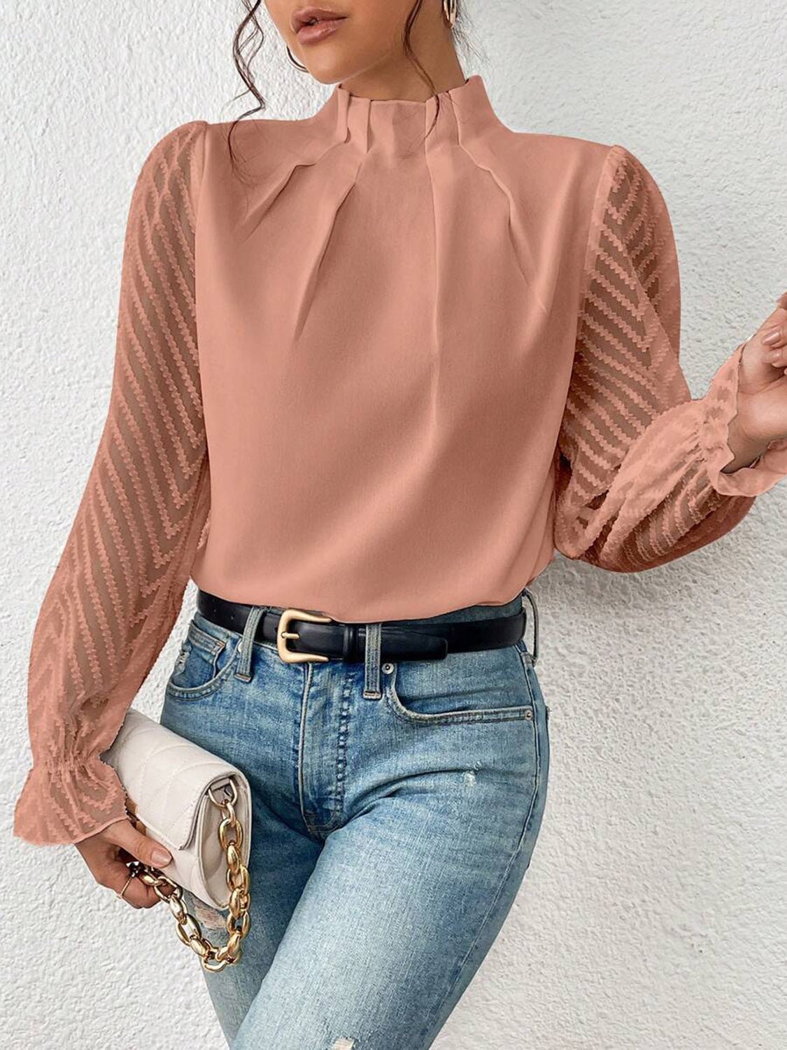 Mock Neck Flounce Sleeve Blouse - Flip Flop Dynasty