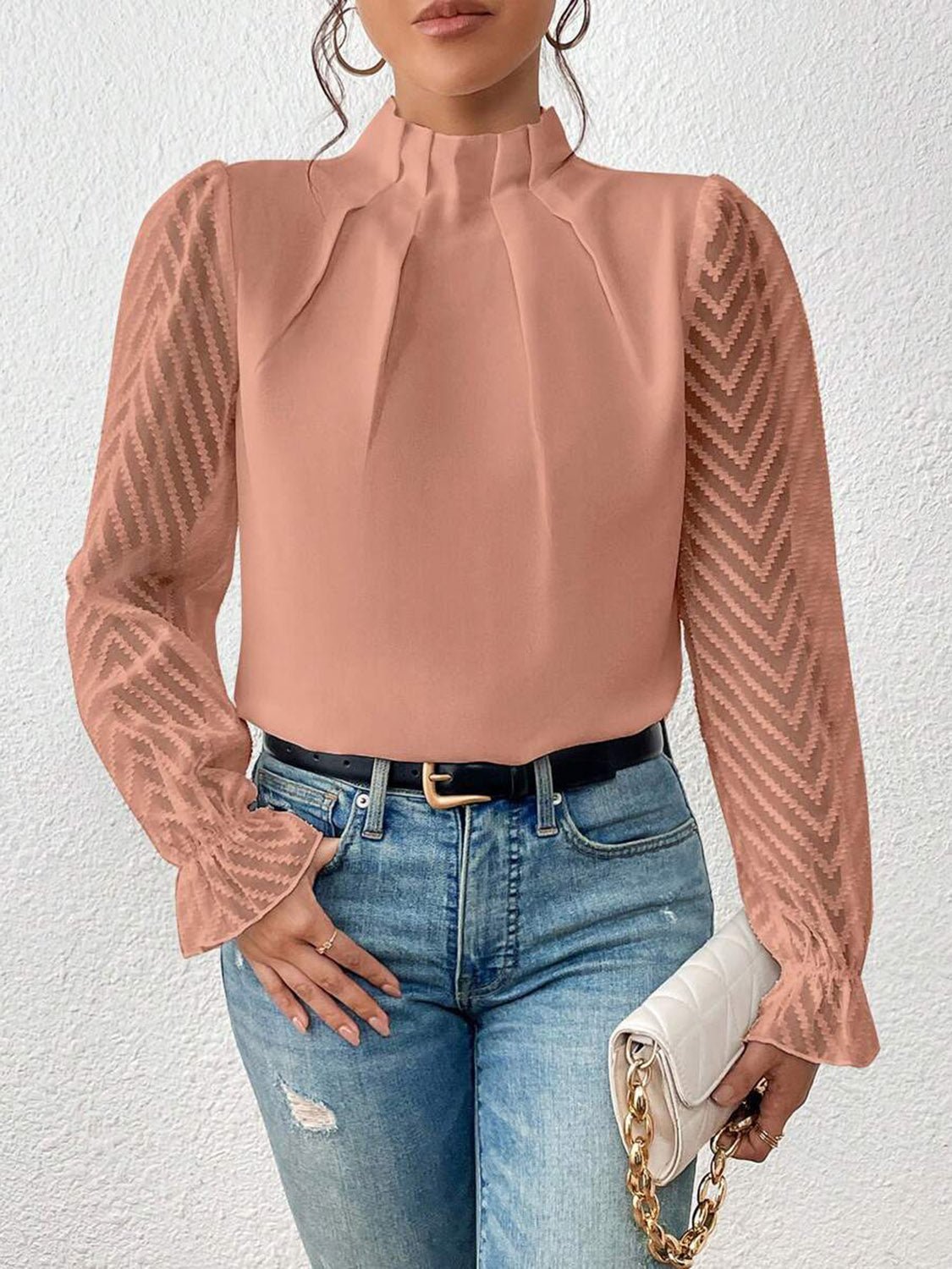 Mock Neck Flounce Sleeve Blouse - Flip Flop Dynasty