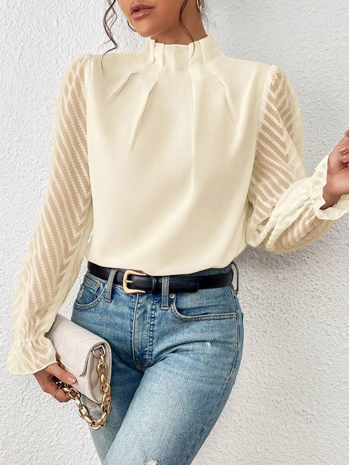 Mock Neck Flounce Sleeve Blouse - Flip Flop Dynasty
