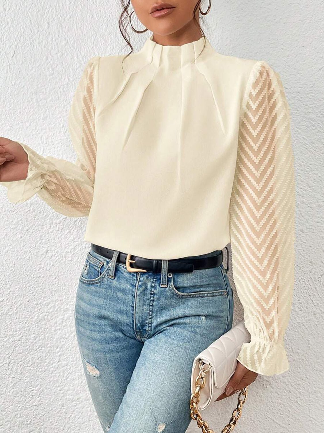 Mock Neck Flounce Sleeve Blouse - Flip Flop Dynasty