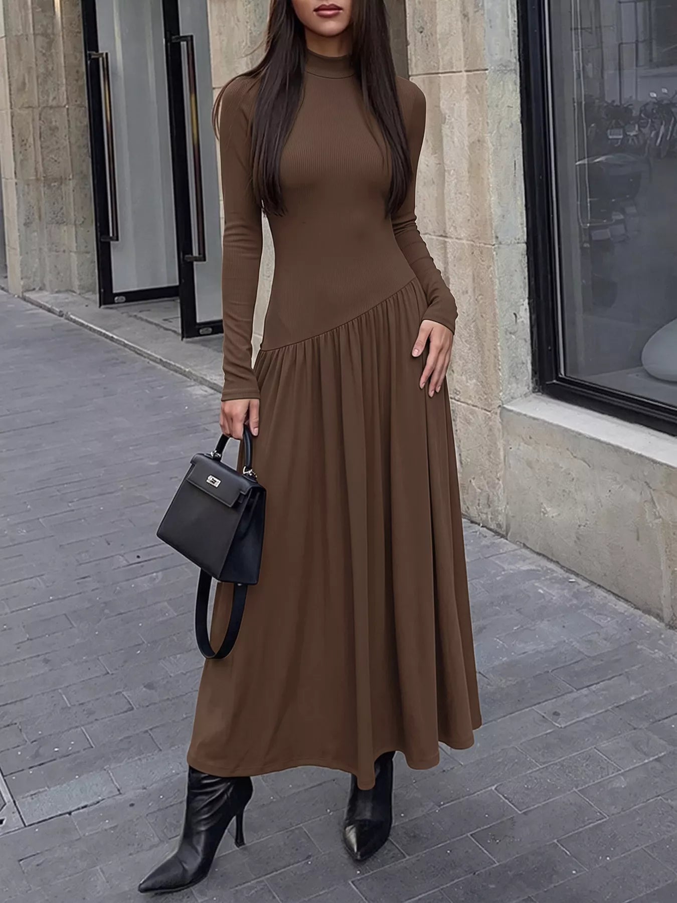 Mock Neck Long Sleeve Midi Dress - Flip Flop Dynasty