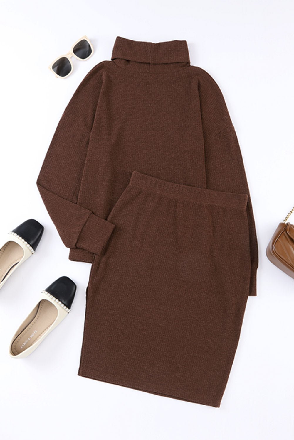 Mock Neck Long Sleeve Top and Slit Skirt Set - Flip Flop Dynasty