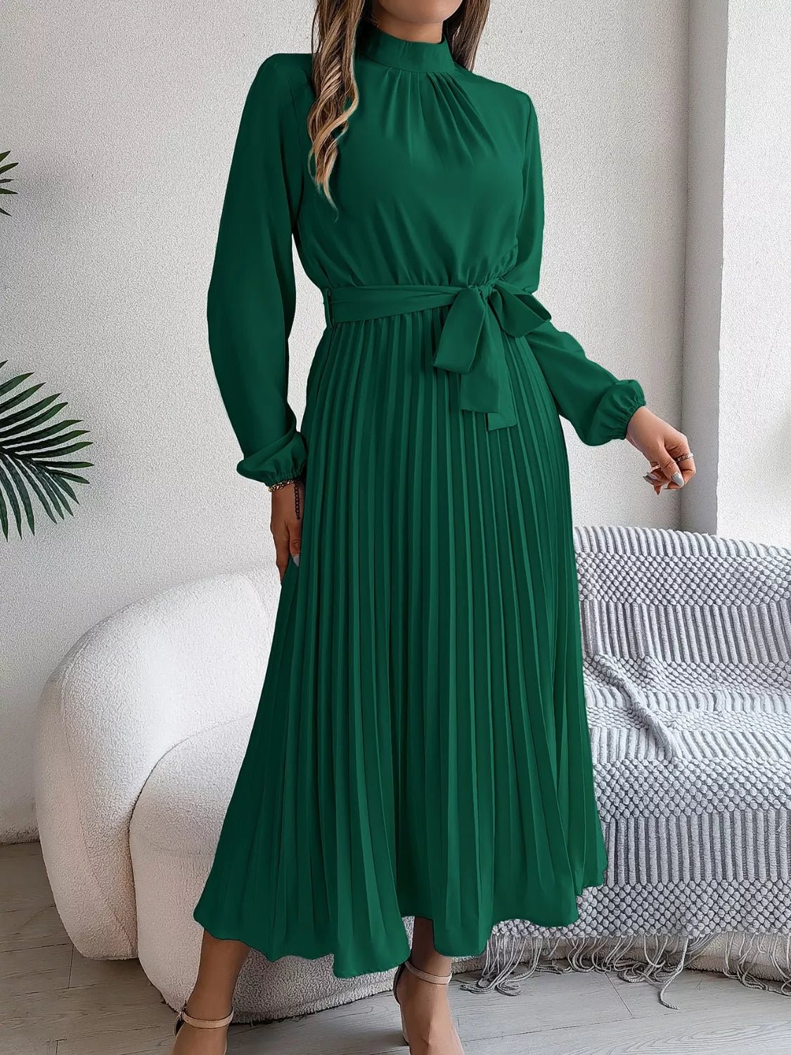 Mock Neck Pleated Midi Dress - Flip Flop Dynasty