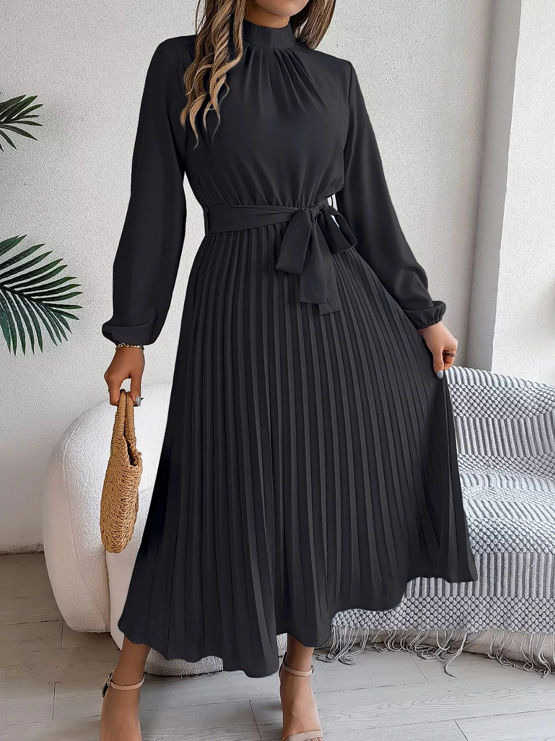 Mock Neck Pleated Midi Dress - Flip Flop Dynasty