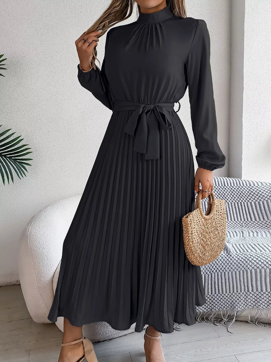 Mock Neck Pleated Midi Dress - Flip Flop Dynasty