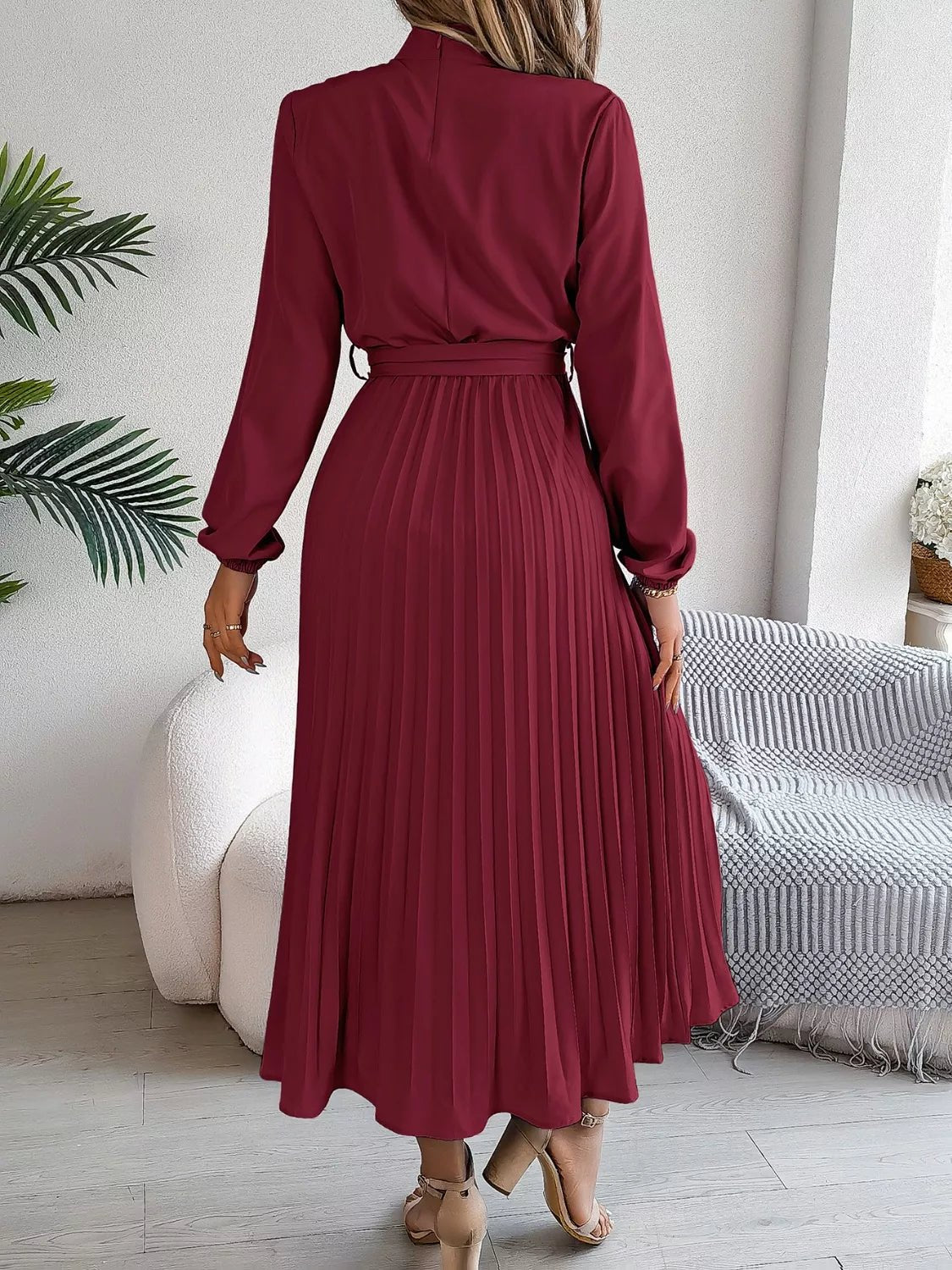 Mock Neck Pleated Midi Dress - Flip Flop Dynasty