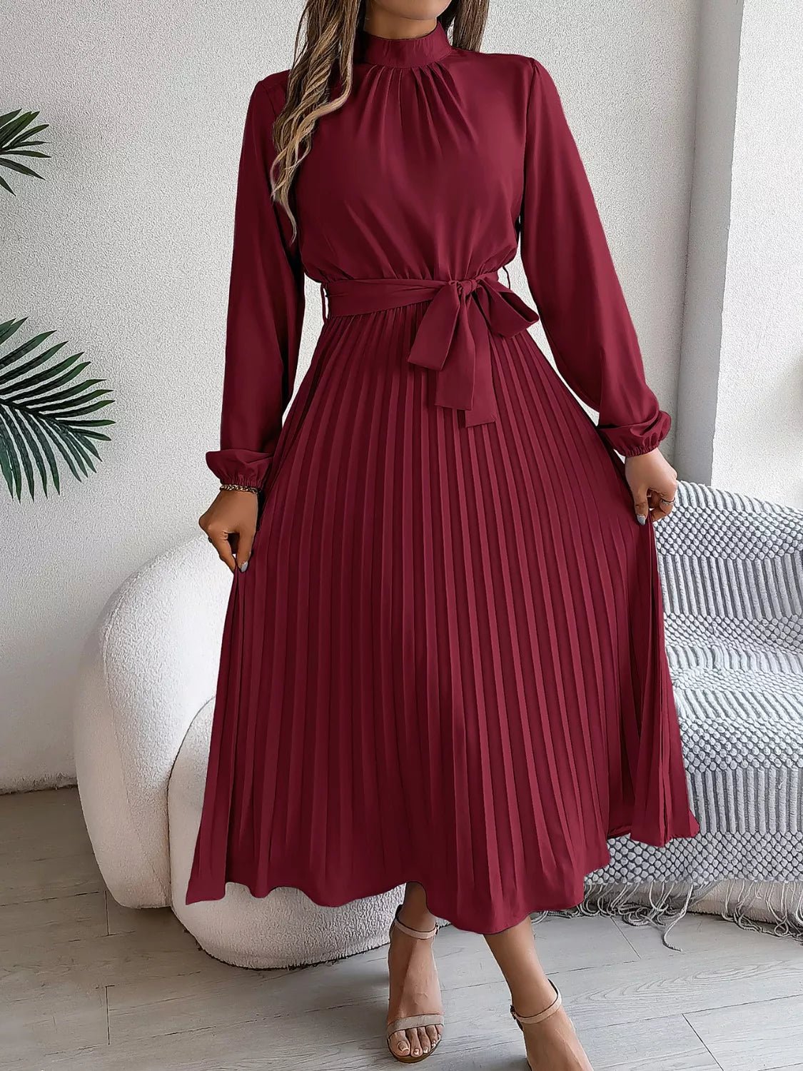 Mock Neck Pleated Midi Dress - Flip Flop Dynasty