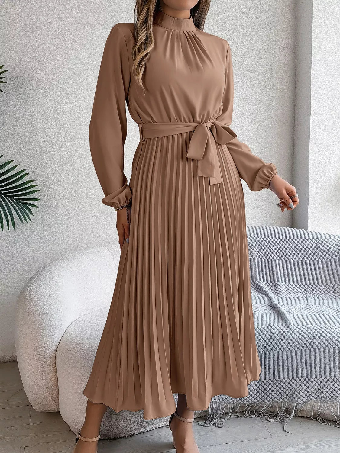Mock Neck Pleated Midi Dress - Flip Flop Dynasty