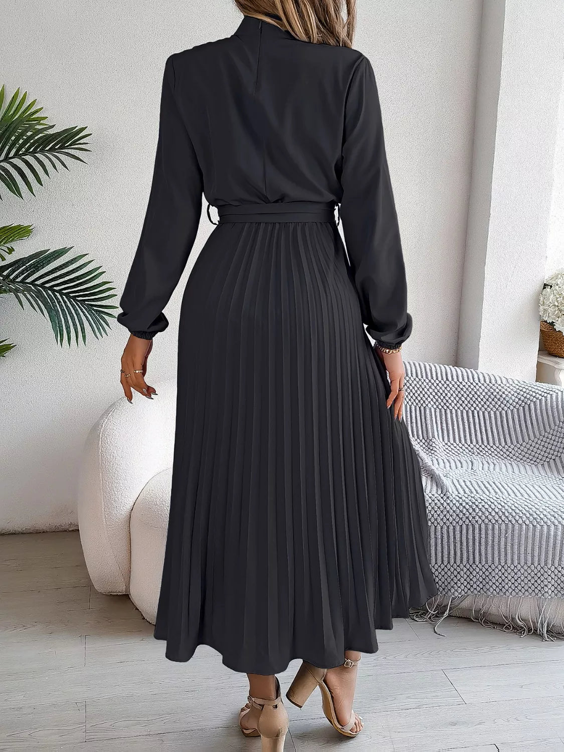 Mock Neck Pleated Midi Dress - Flip Flop Dynasty