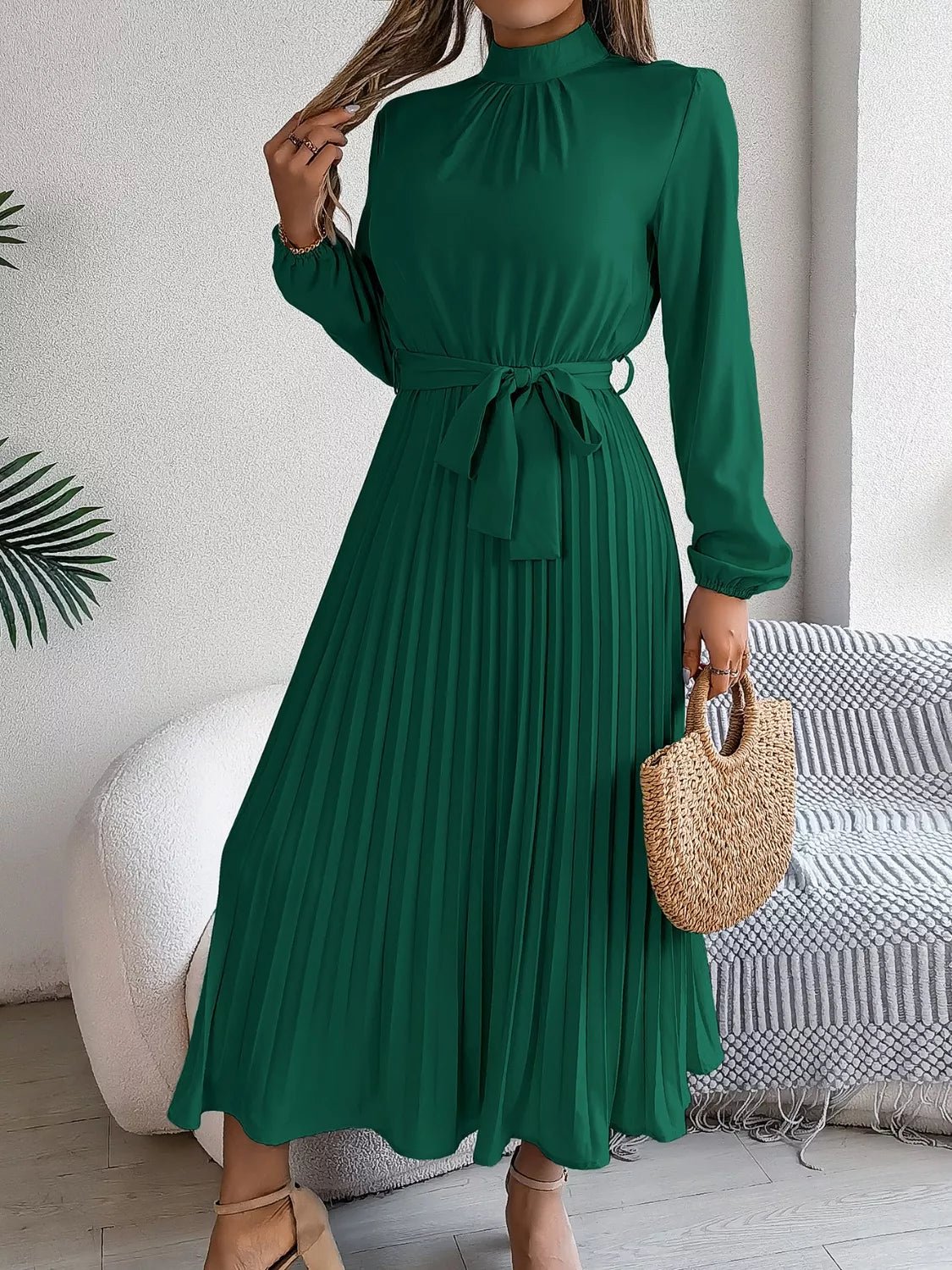 Mock Neck Pleated Midi Dress - Flip Flop Dynasty