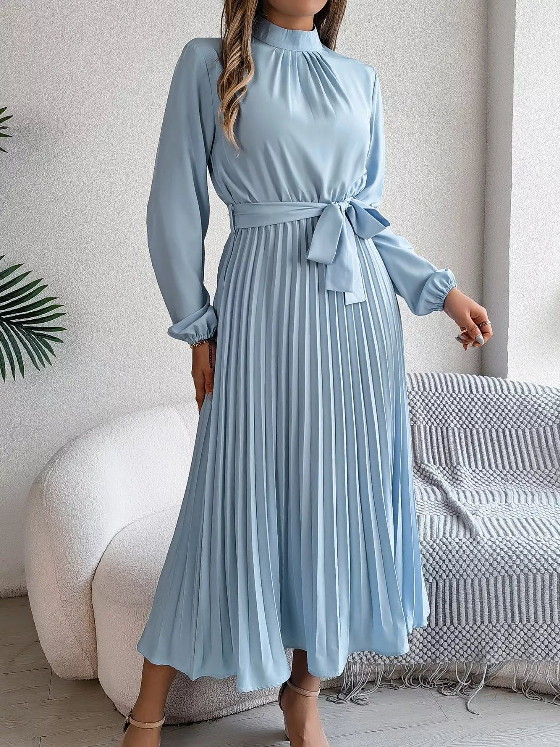 Mock Neck Pleated Midi Dress - Flip Flop Dynasty
