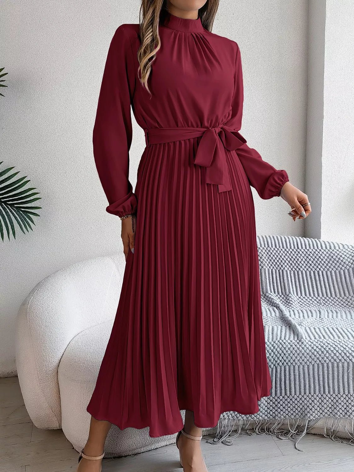Mock Neck Pleated Midi Dress - Flip Flop Dynasty