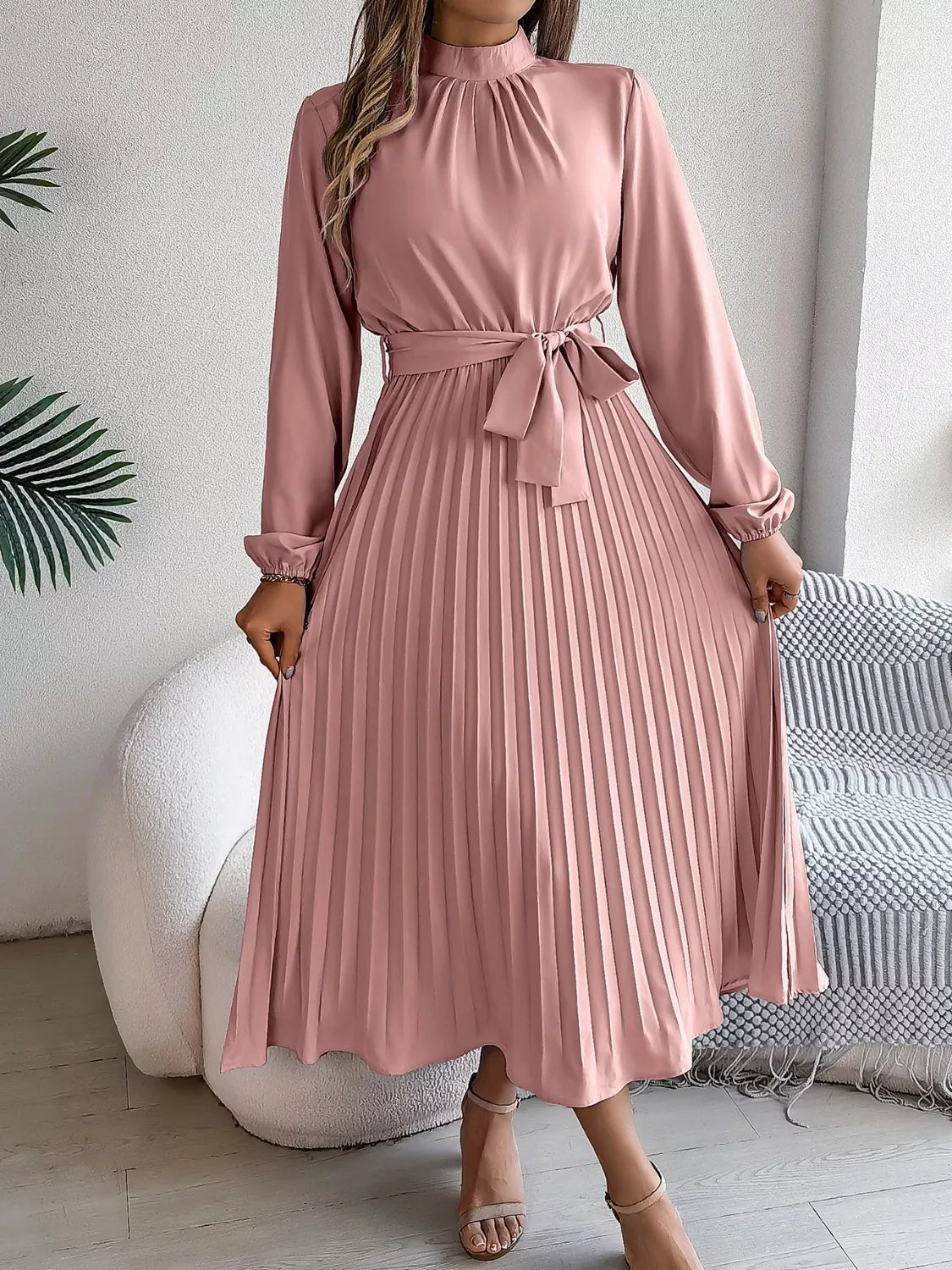 Mock Neck Pleated Midi Dress - Flip Flop Dynasty