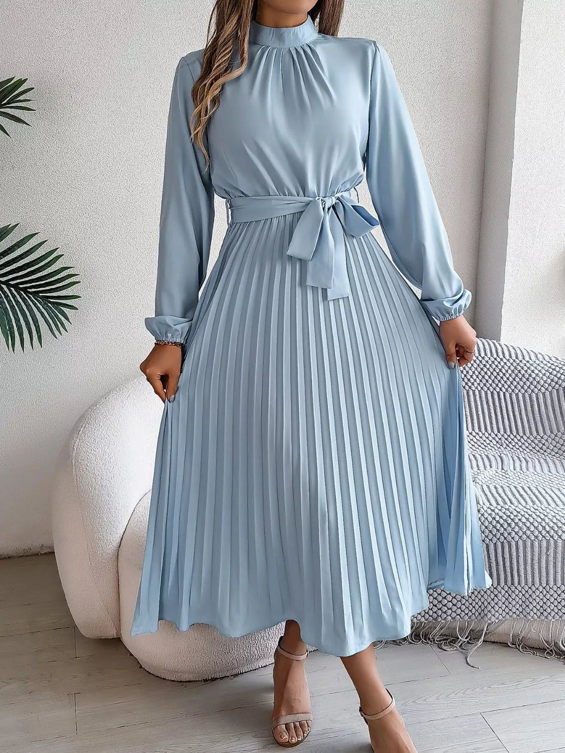 Mock Neck Pleated Midi Dress - Flip Flop Dynasty