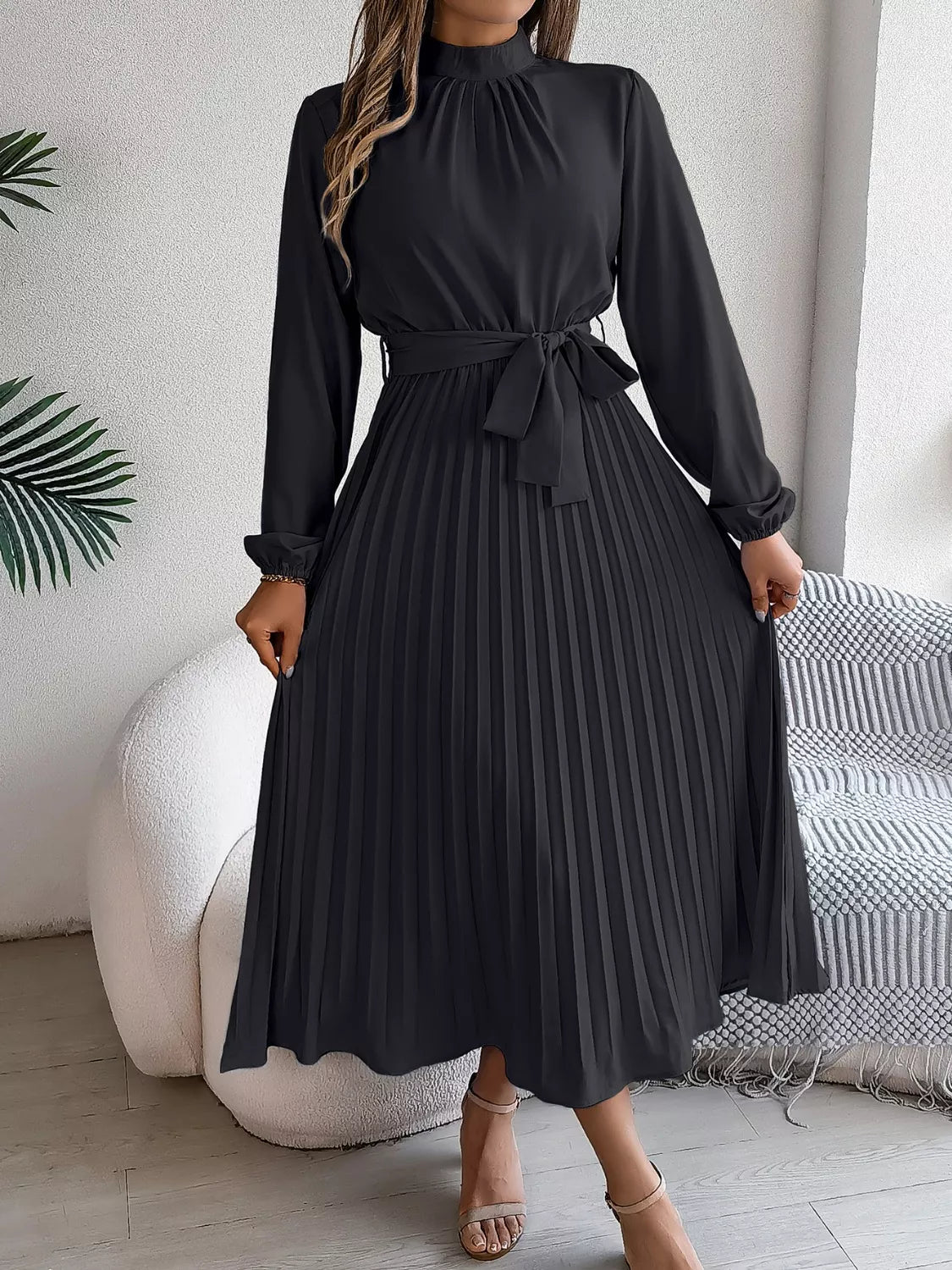 Mock Neck Pleated Midi Dress - Flip Flop Dynasty