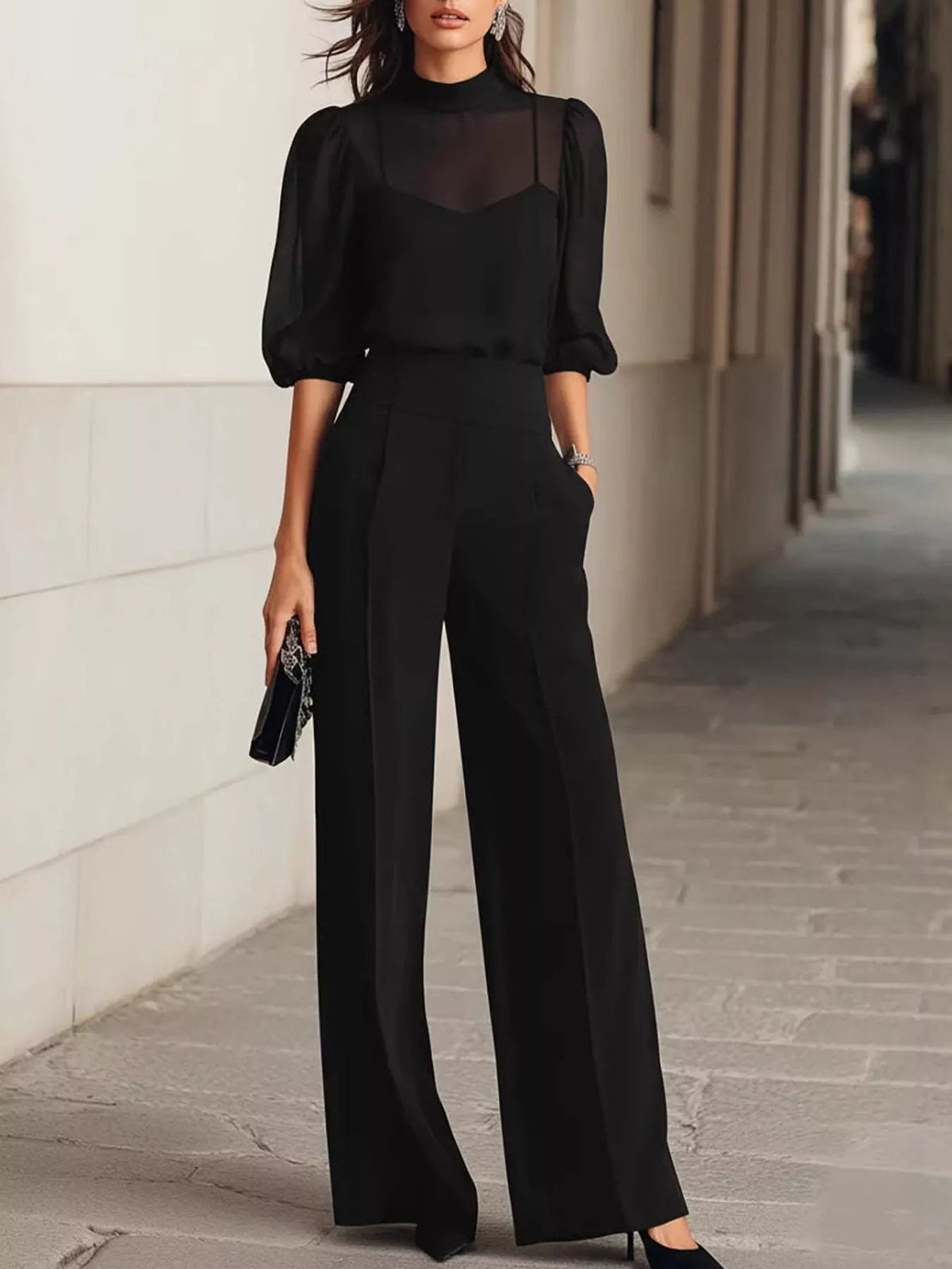 Mock Neck Puff Sleeve Top and Wide Leg Pants Set - Flip Flop Dynasty