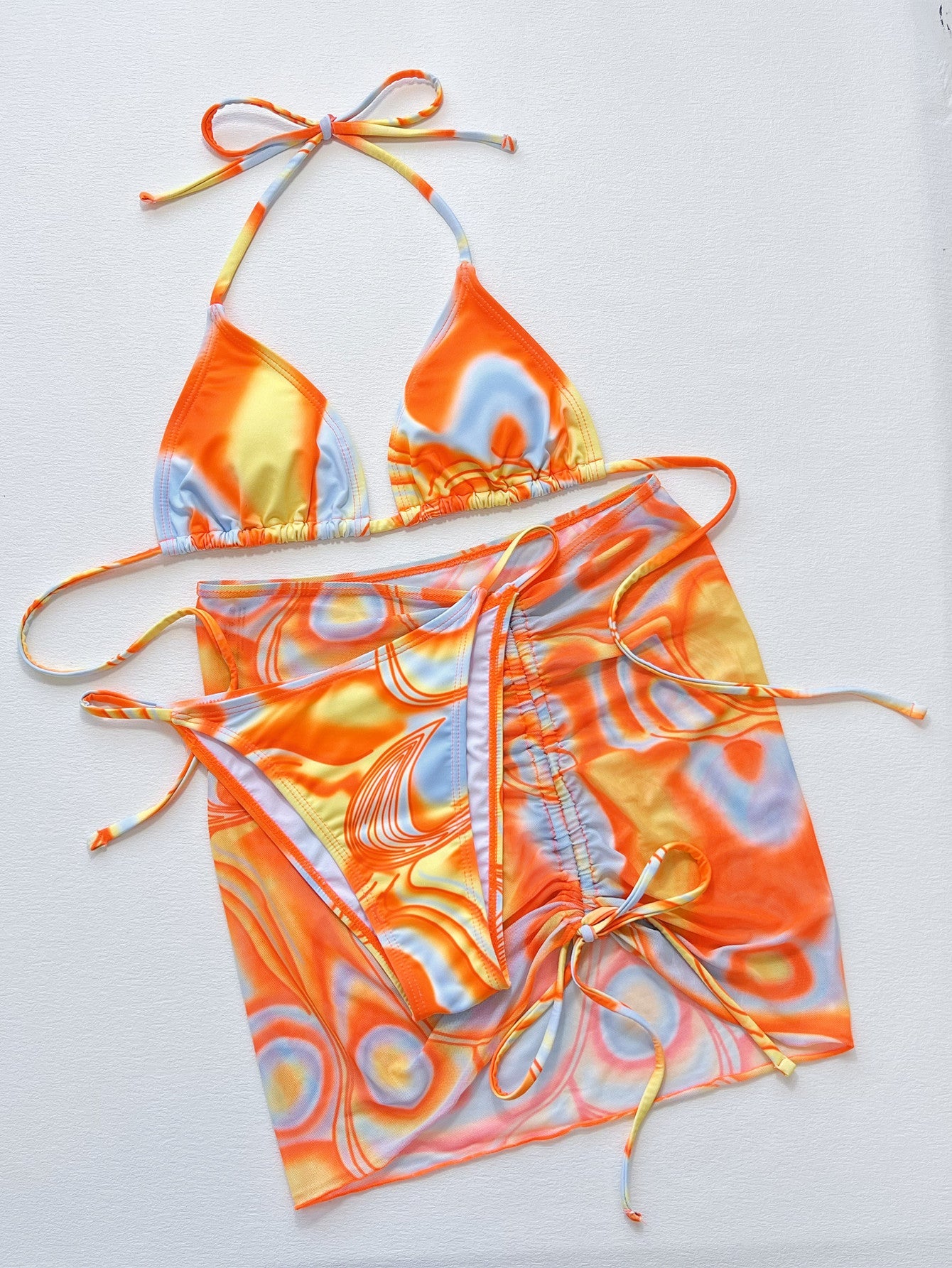 Multicolored Drawstring Ruched Three - Piece Swim Set - Flip Flop Dynasty