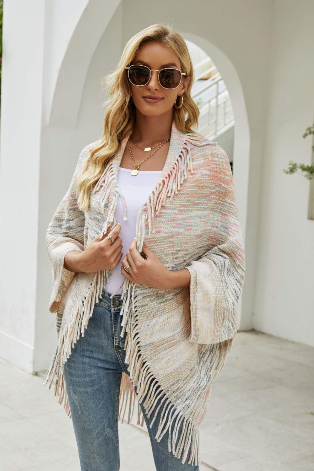 Multicolored Fringe Trim Poncho - Flip Flop Dynasty