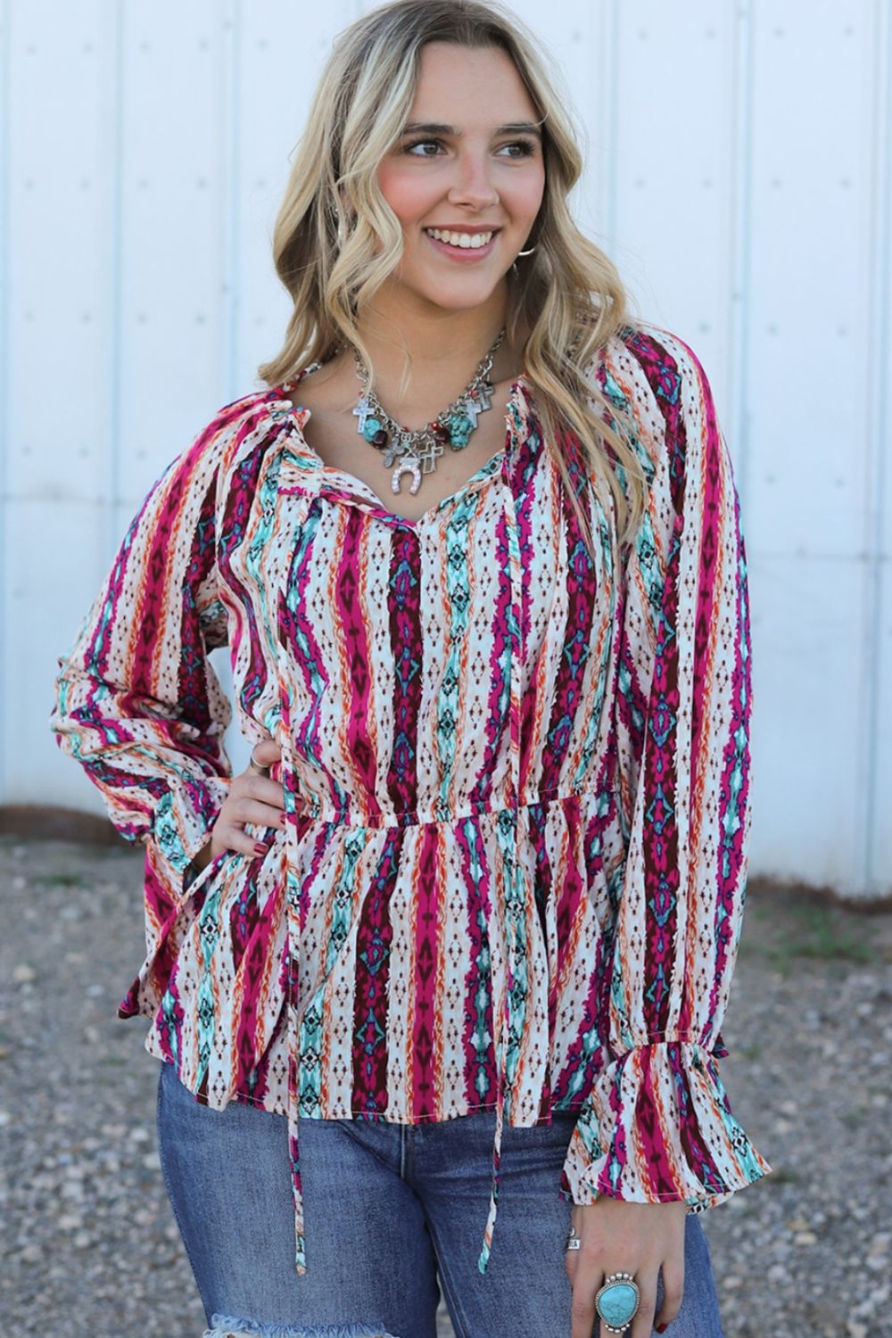 Multicolour Western Print Split Neck Peplum Blouse - Flip Flop Dynasty