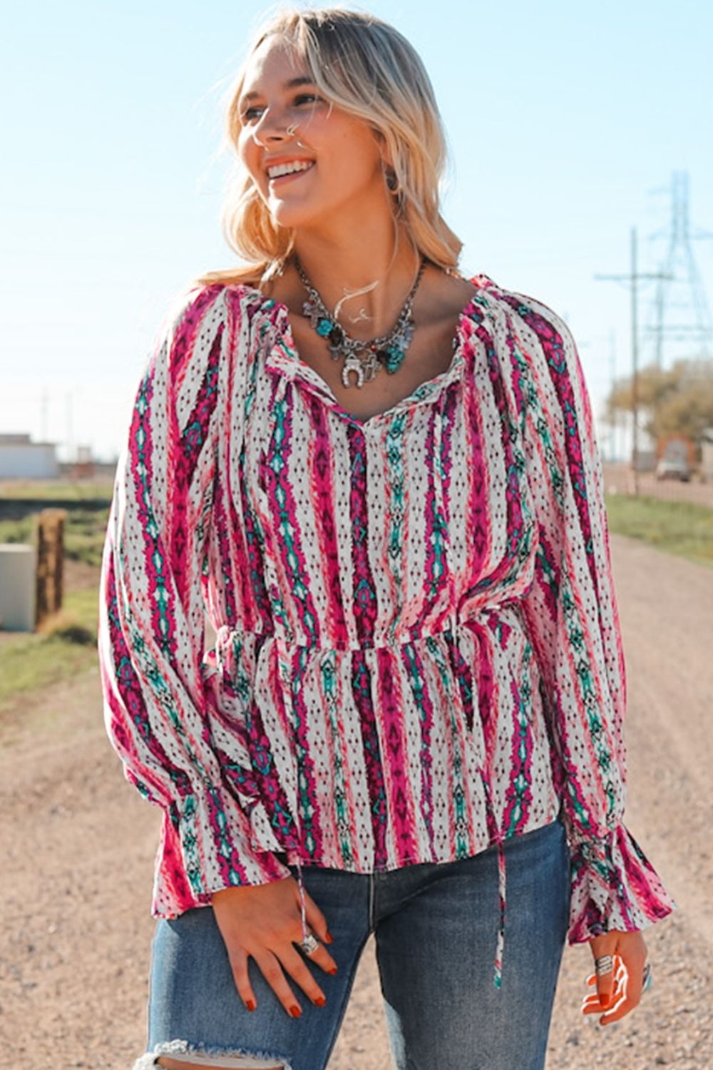 Multicolour Western Print Split Neck Peplum Blouse - Flip Flop Dynasty