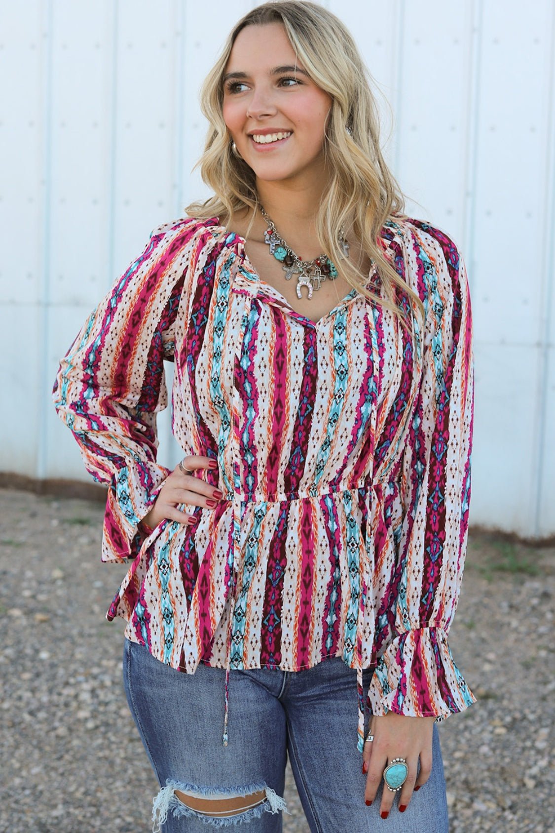 Multicolour Western Print Split Neck Peplum Blouse - Flip Flop Dynasty