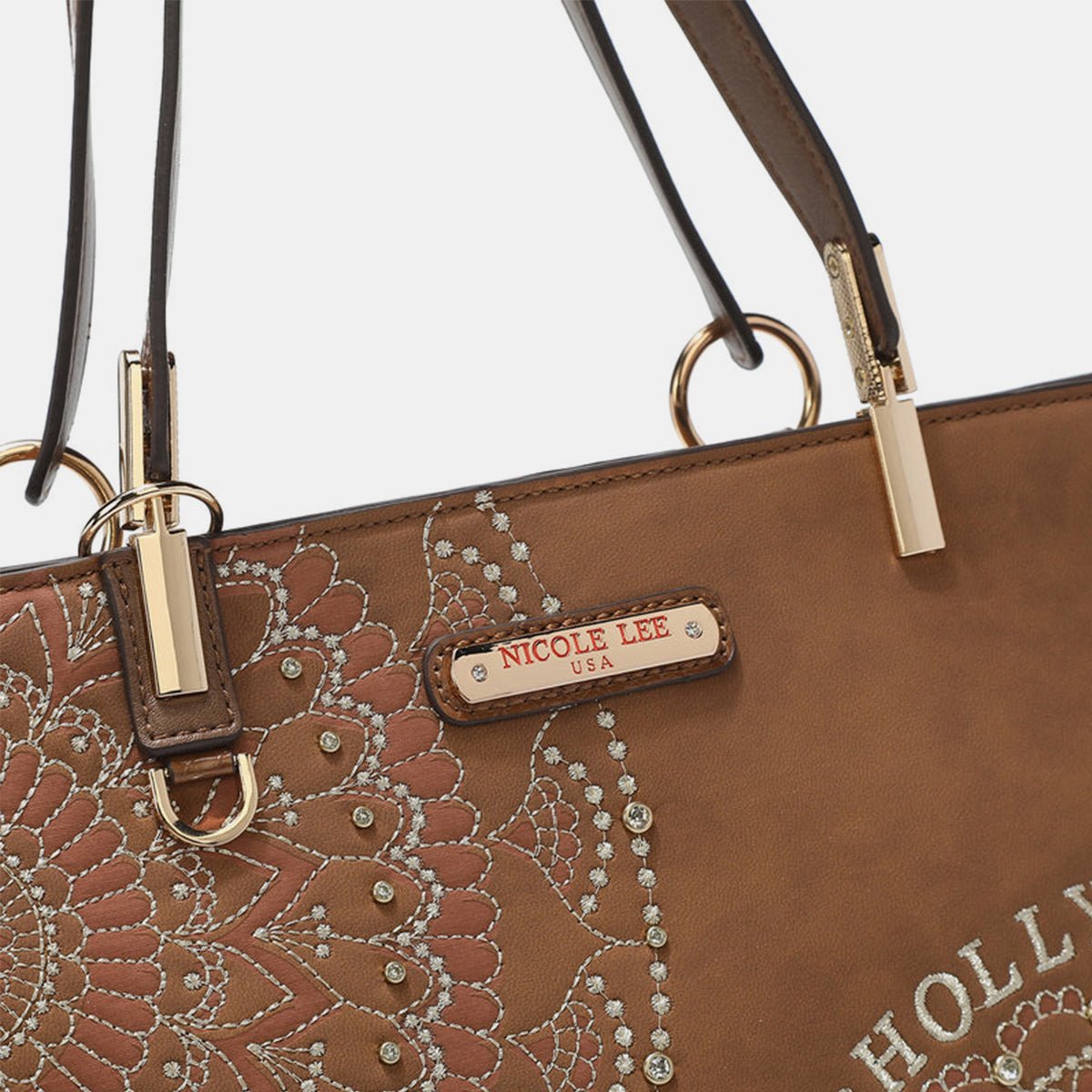 Nicole Lee USA Metallic Stitching Embroidery Inlaid Rhinestone Tote Bag - Flip Flop Dynasty