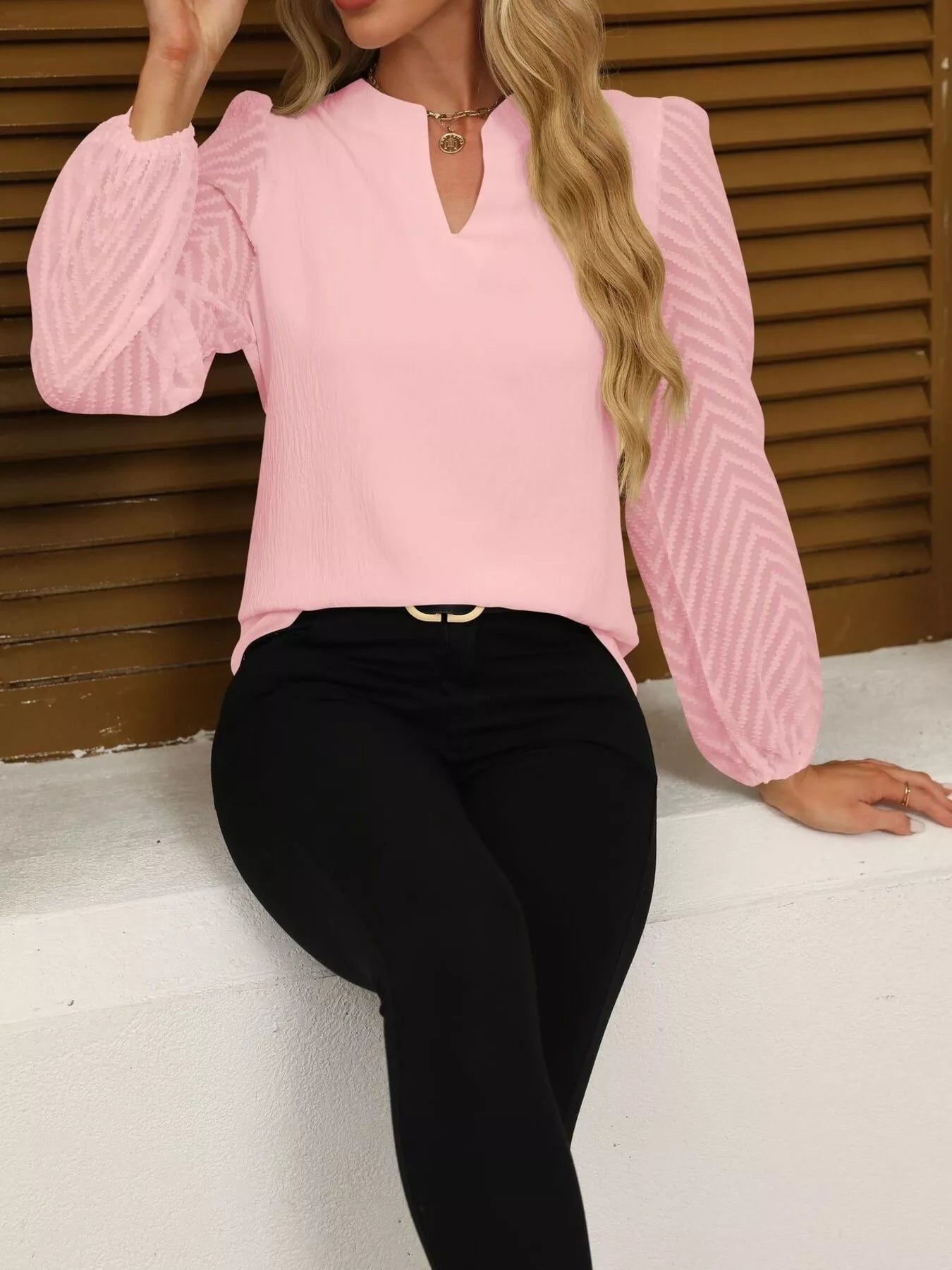 Notched Balloon Sleeve Blouse - Flip Flop Dynasty