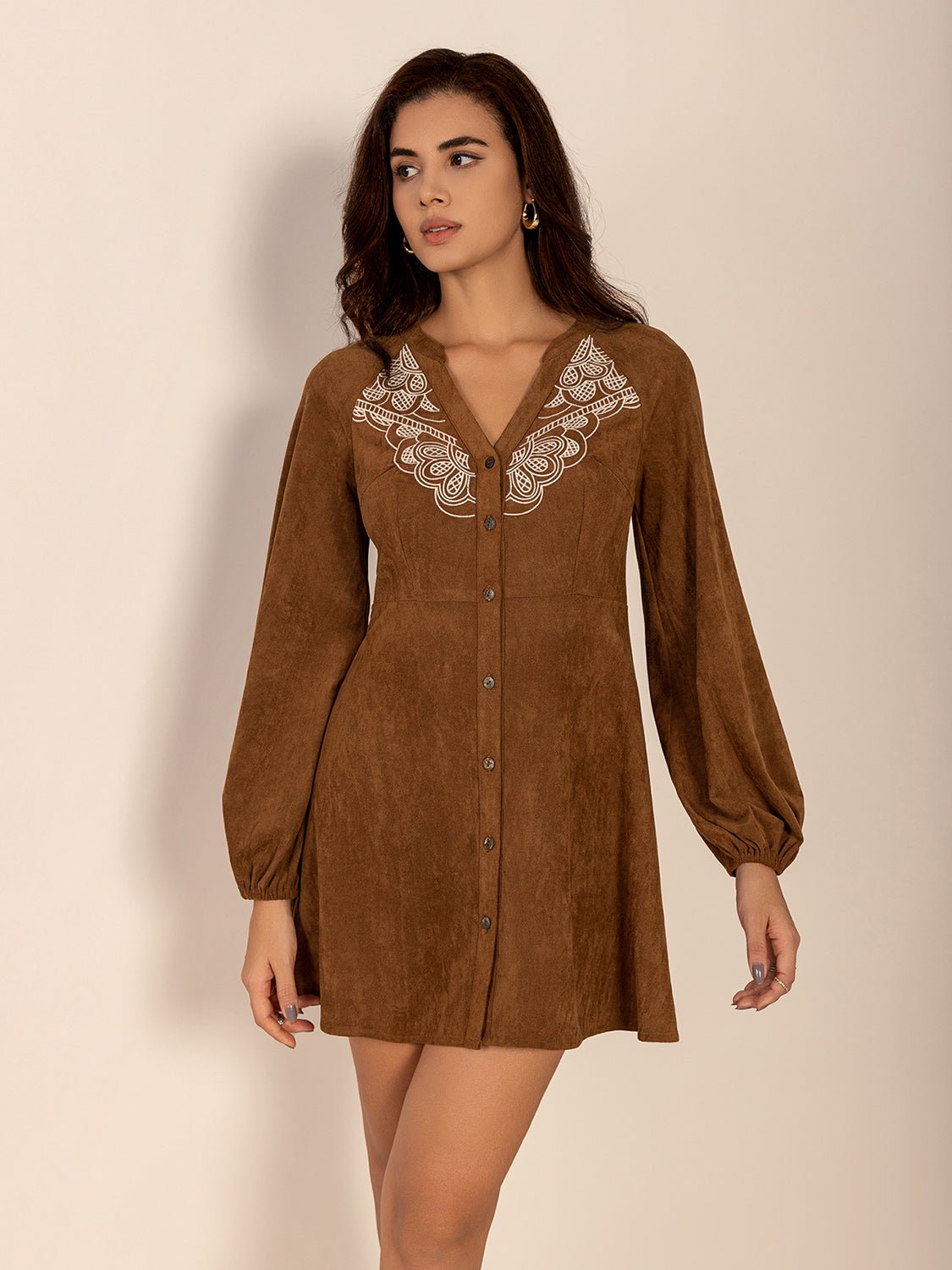 Notched Button Down Long Sleeve Mini Dress - Flip Flop Dynasty
