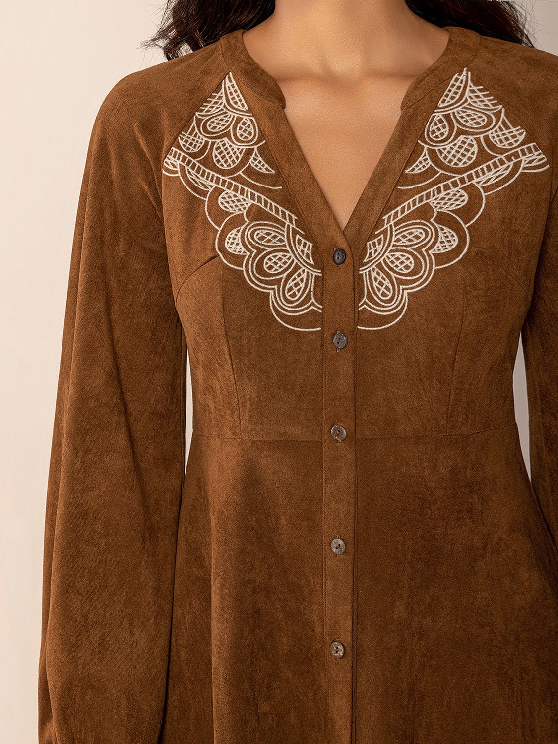Notched Button Down Long Sleeve Mini Dress - Flip Flop Dynasty