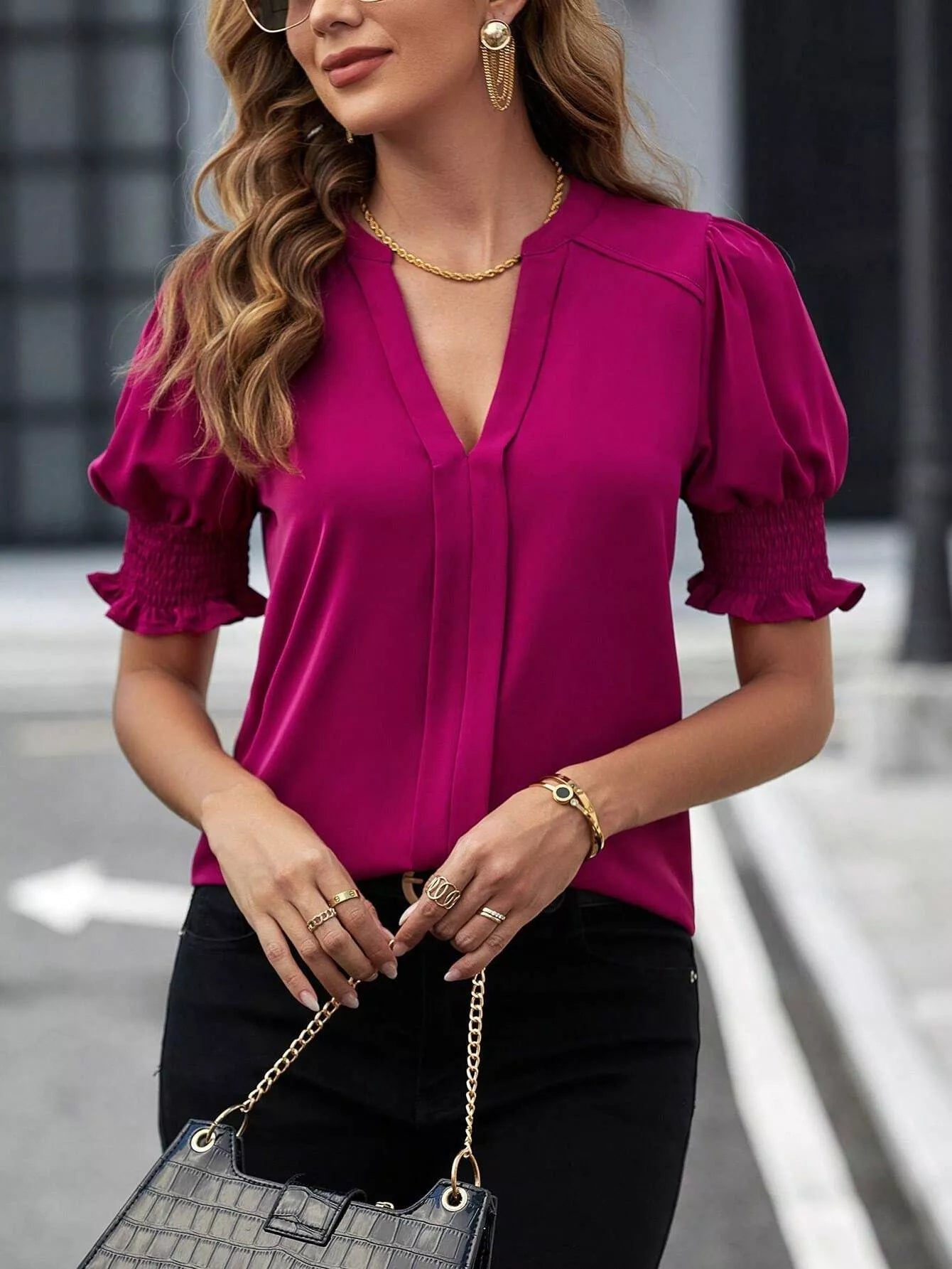 Notched Half Sleeve Blouse - Flip Flop Dynasty