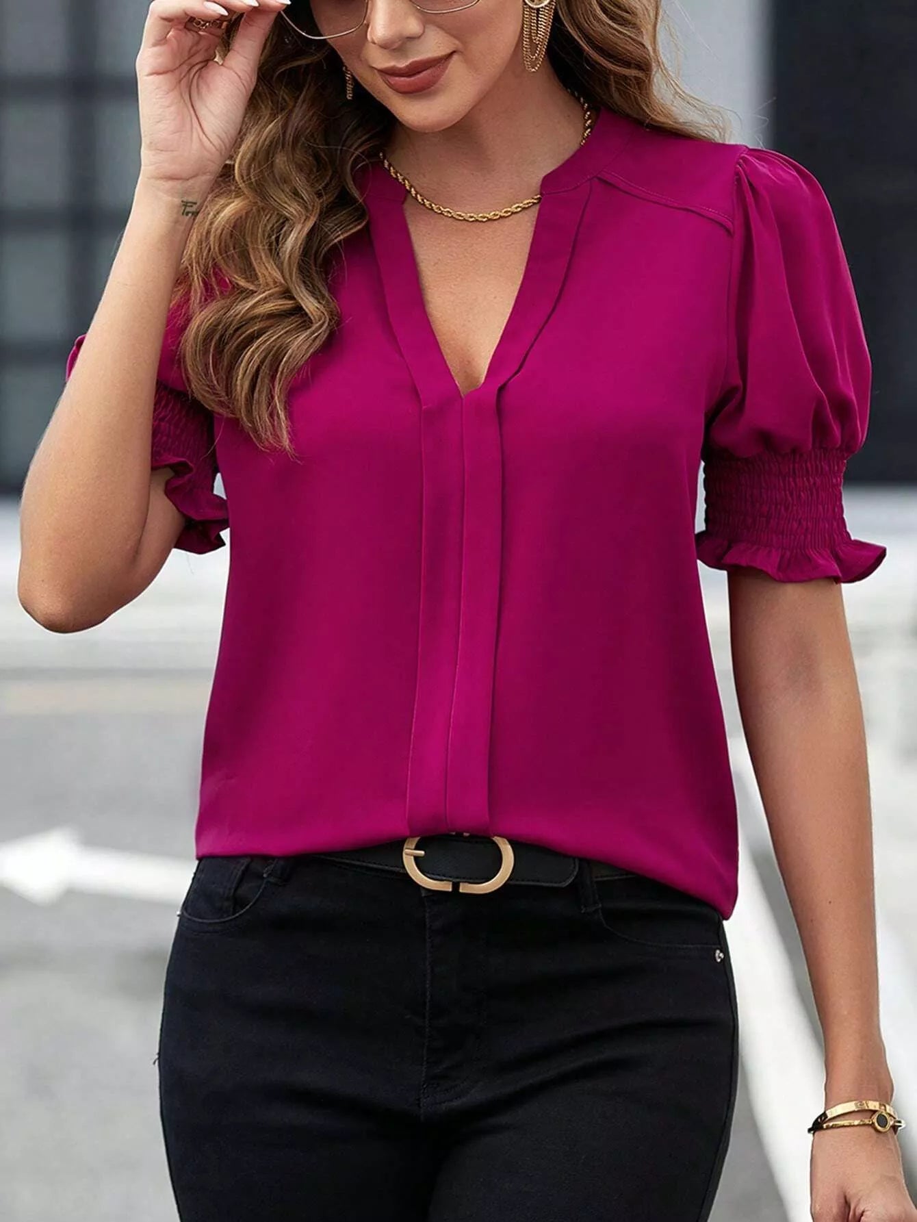 Notched Half Sleeve Blouse - Flip Flop Dynasty
