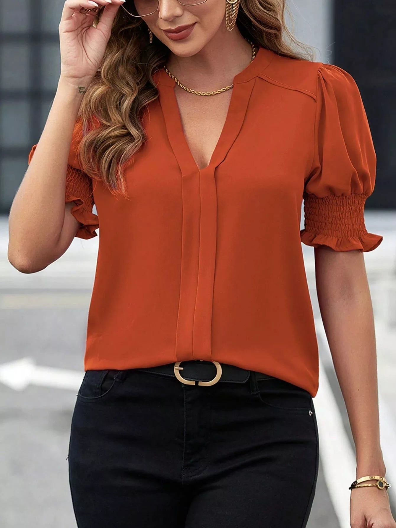 Notched Half Sleeve Blouse - Flip Flop Dynasty