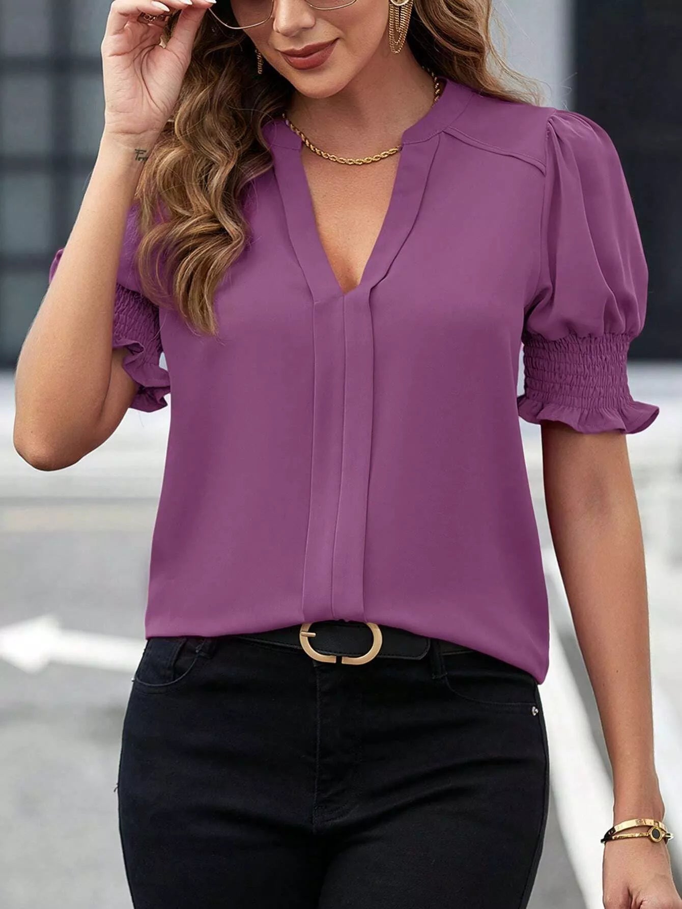 Notched Half Sleeve Blouse - Flip Flop Dynasty