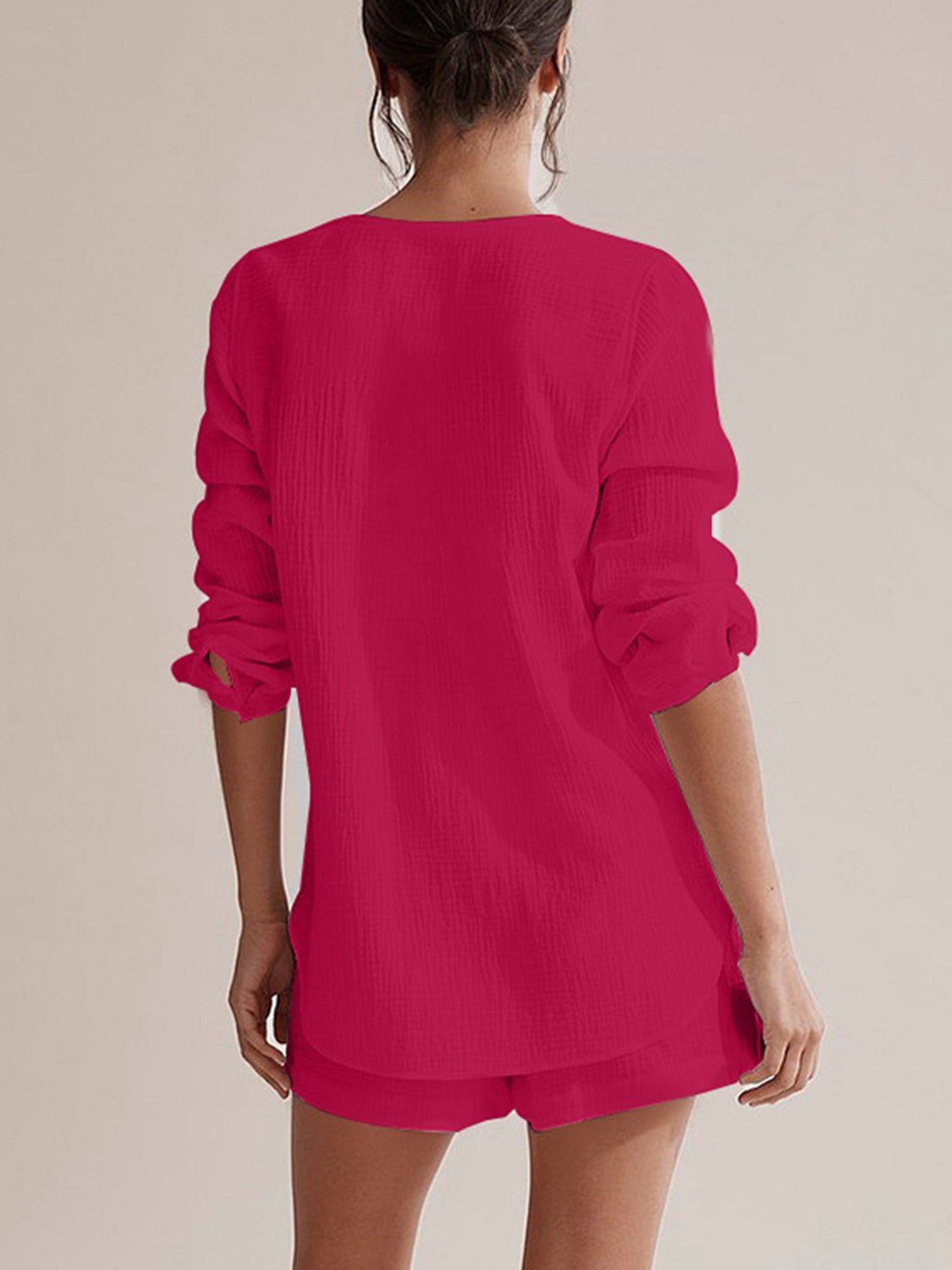 Notched Long Sleeve Top and Shorts Set - Flip Flop Dynasty