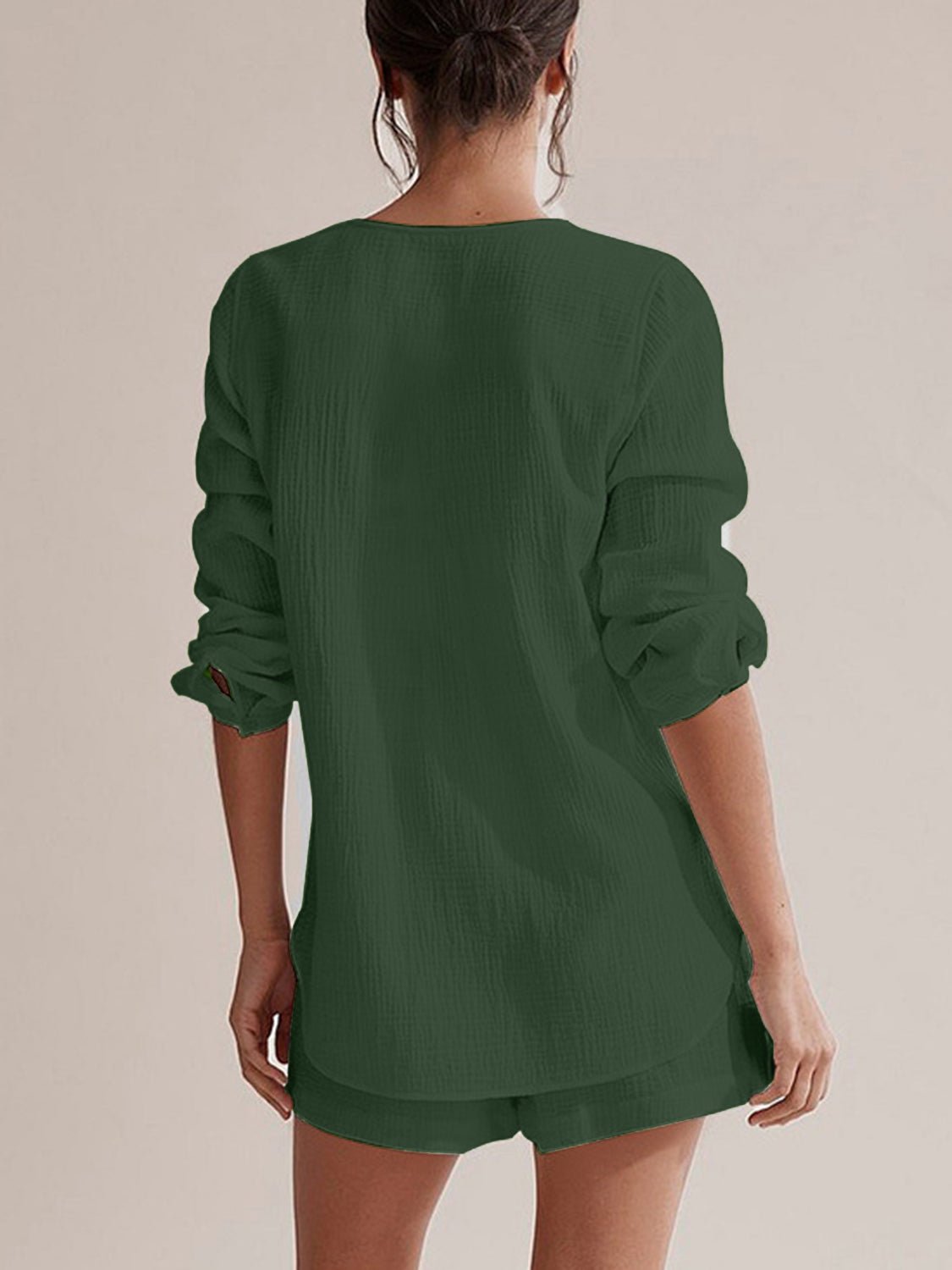 Notched Long Sleeve Top and Shorts Set - Flip Flop Dynasty