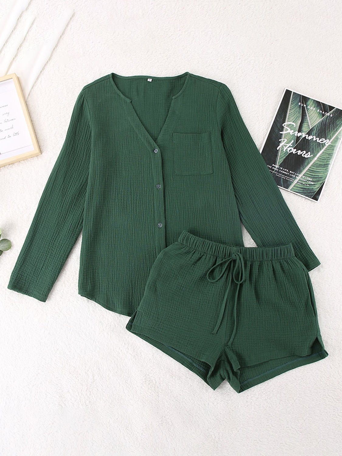 Notched Long Sleeve Top and Shorts Set - Flip Flop Dynasty
