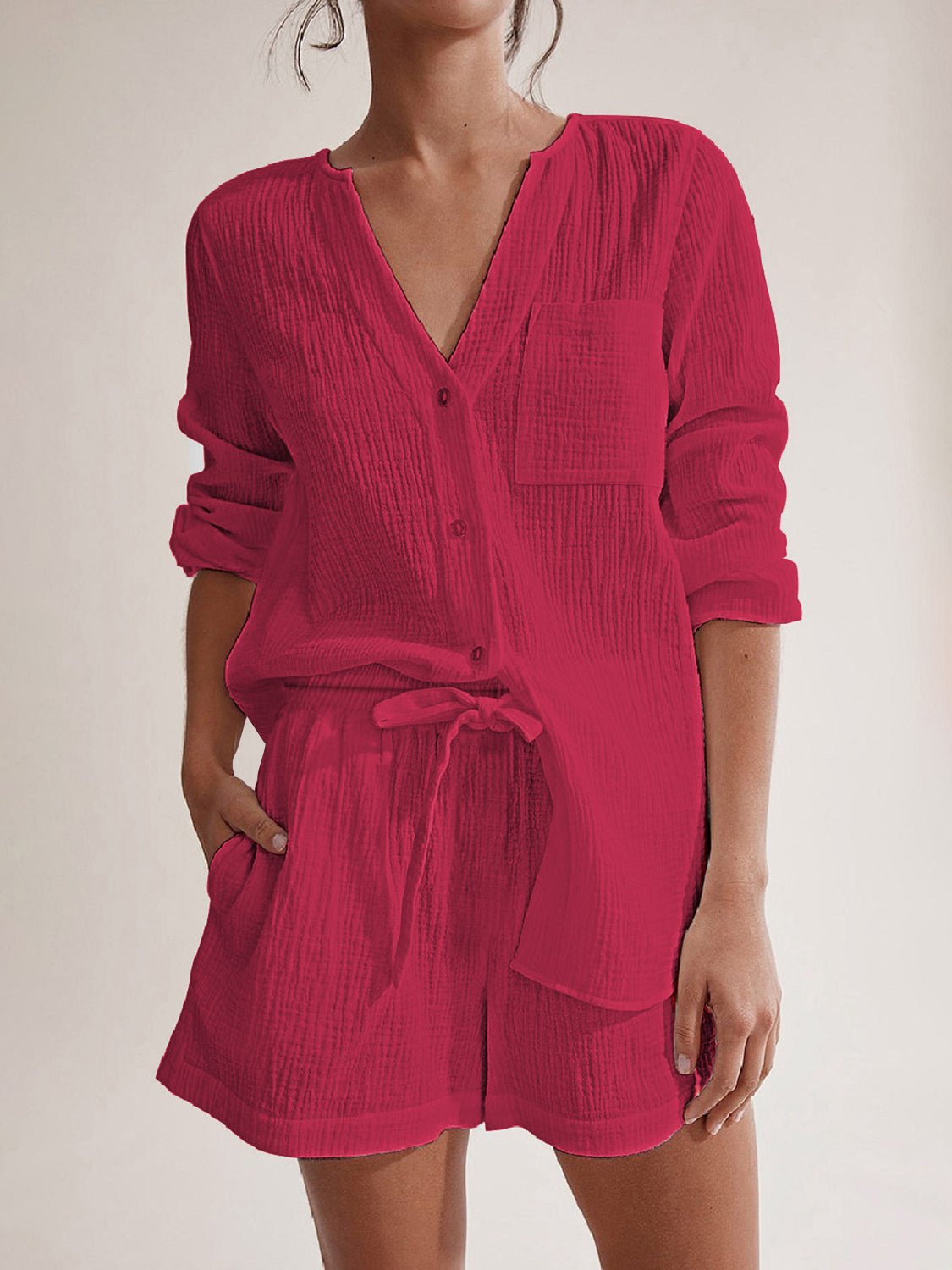 Notched Long Sleeve Top and Shorts Set - Flip Flop Dynasty