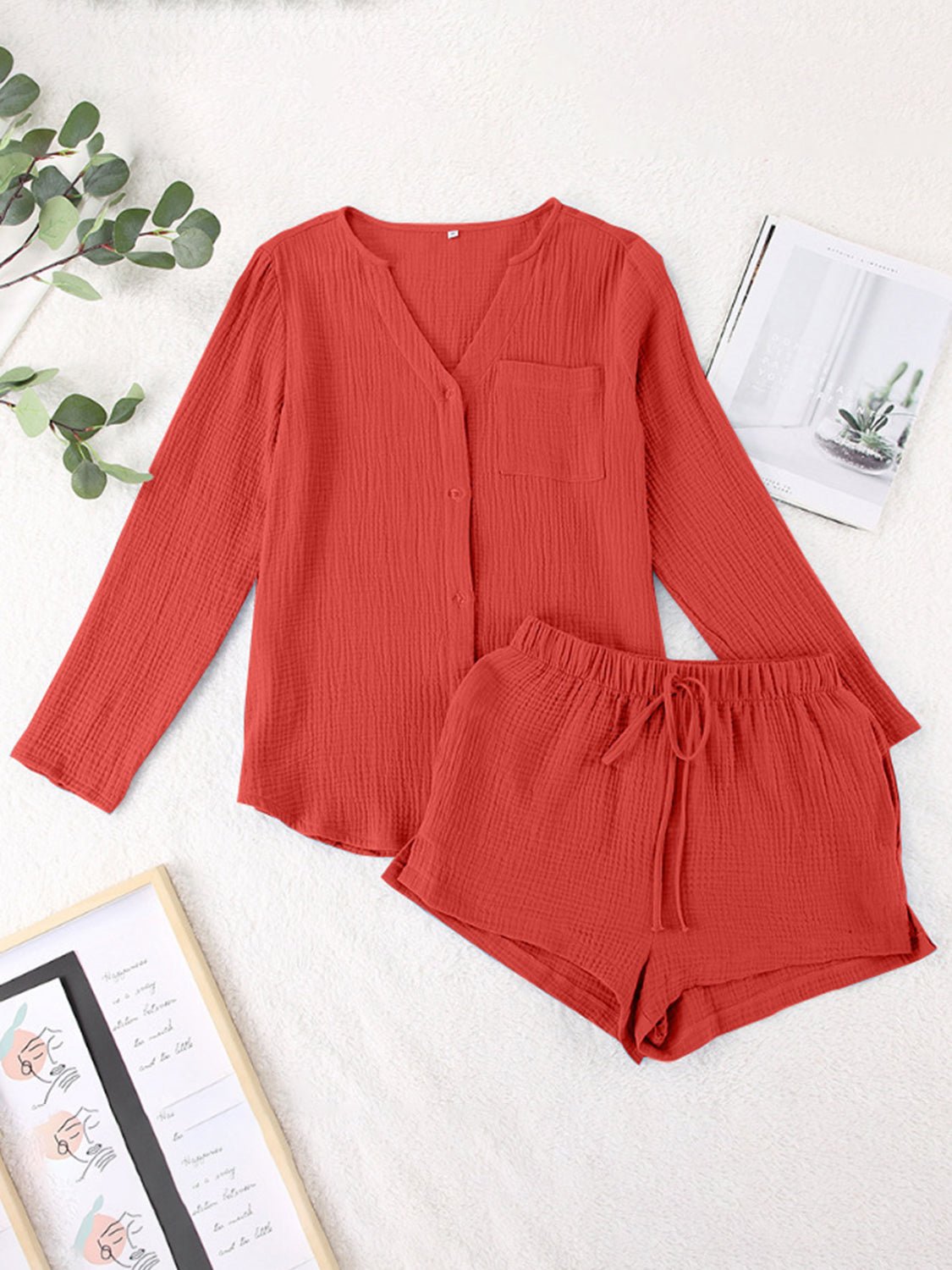 Notched Long Sleeve Top and Shorts Set - Flip Flop Dynasty