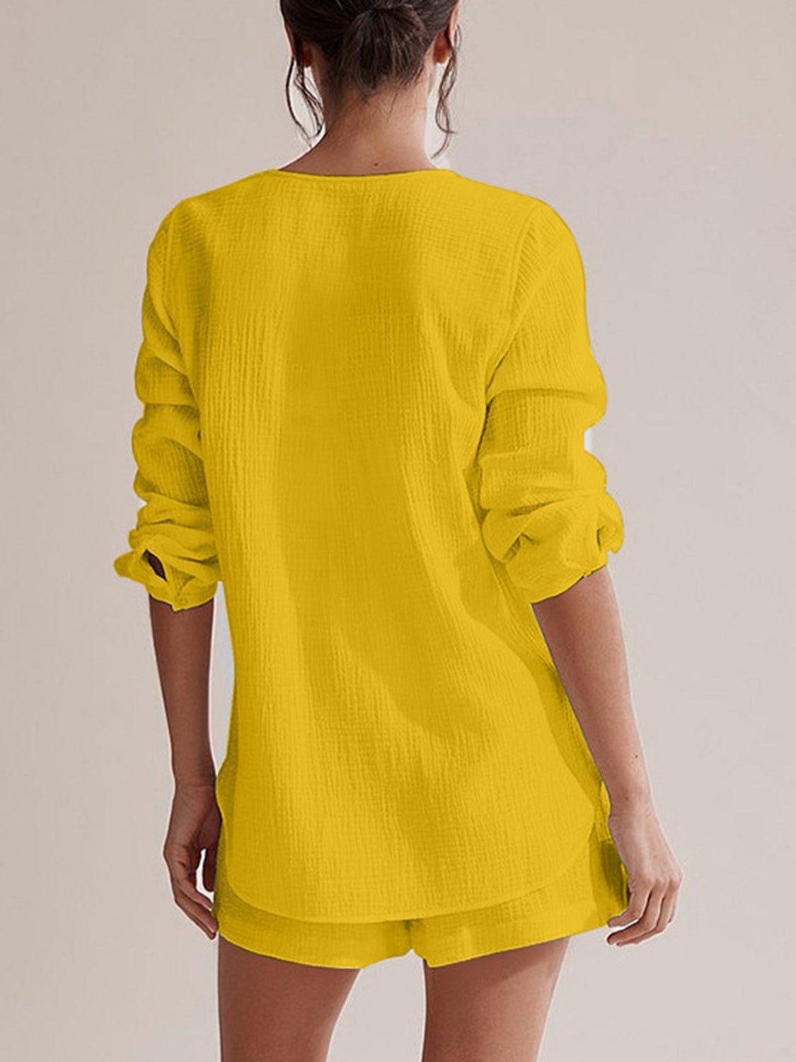 Notched Long Sleeve Top and Shorts Set - Flip Flop Dynasty
