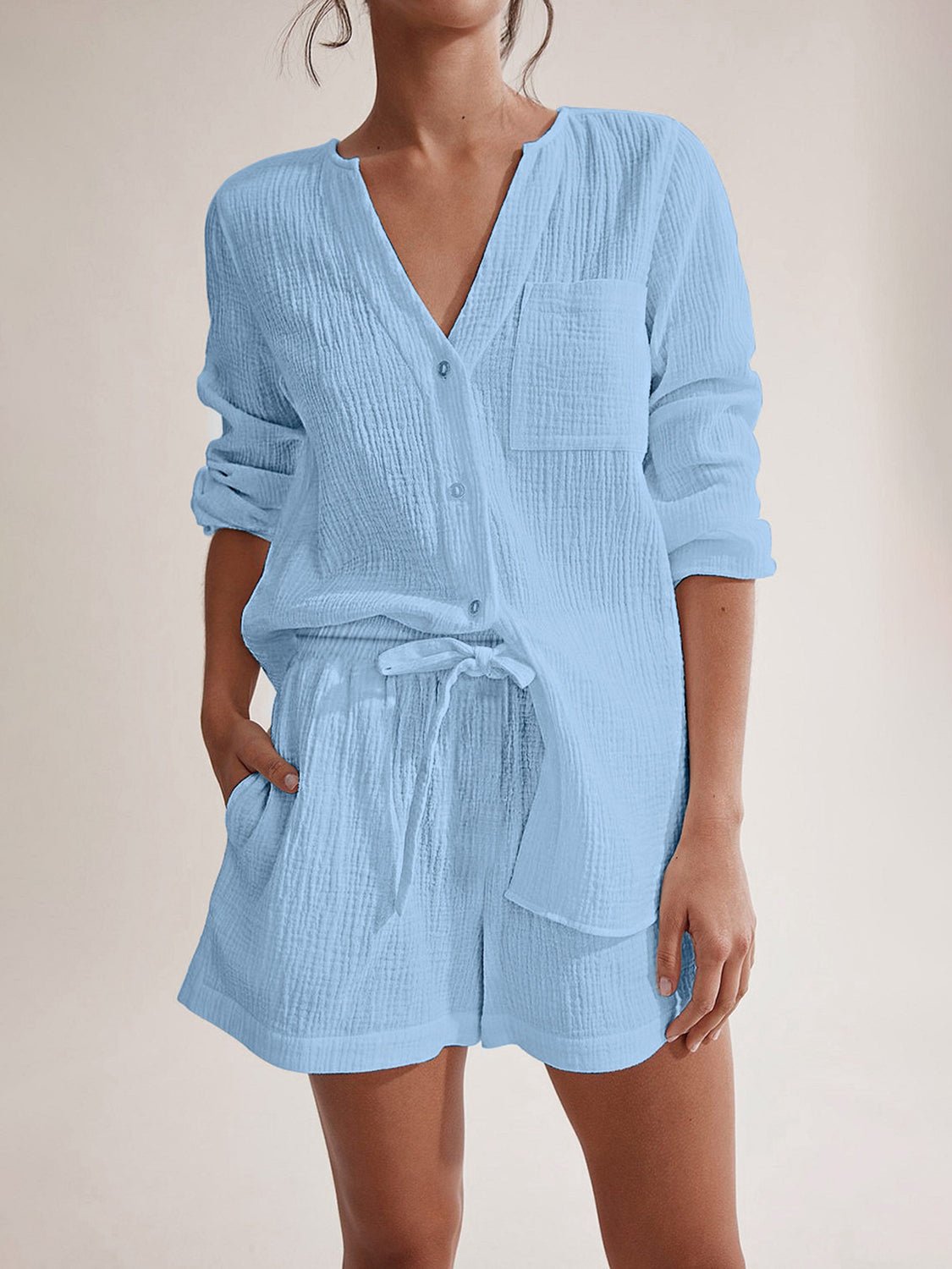 Notched Long Sleeve Top and Shorts Set - Flip Flop Dynasty
