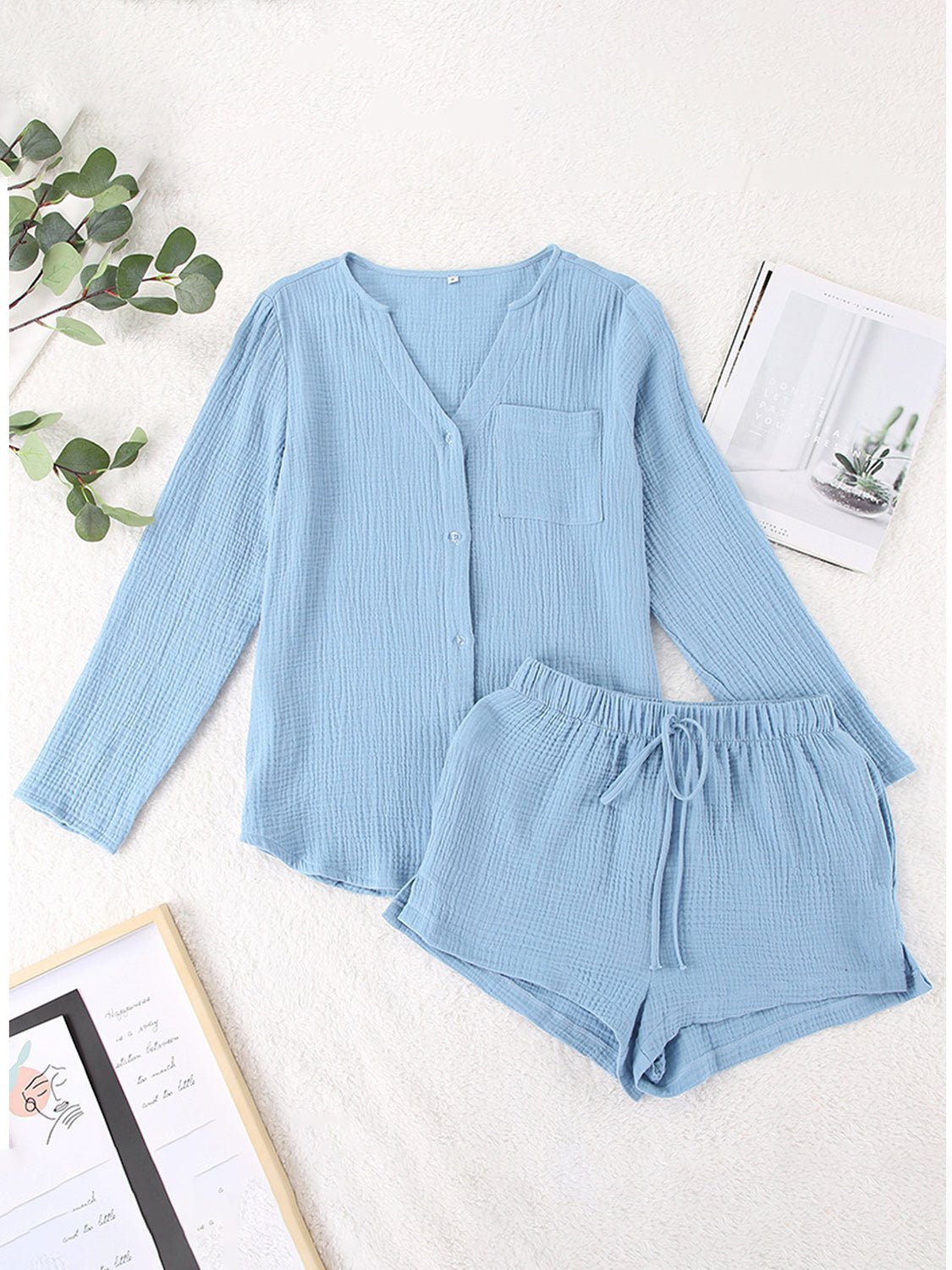 Notched Long Sleeve Top and Shorts Set - Flip Flop Dynasty