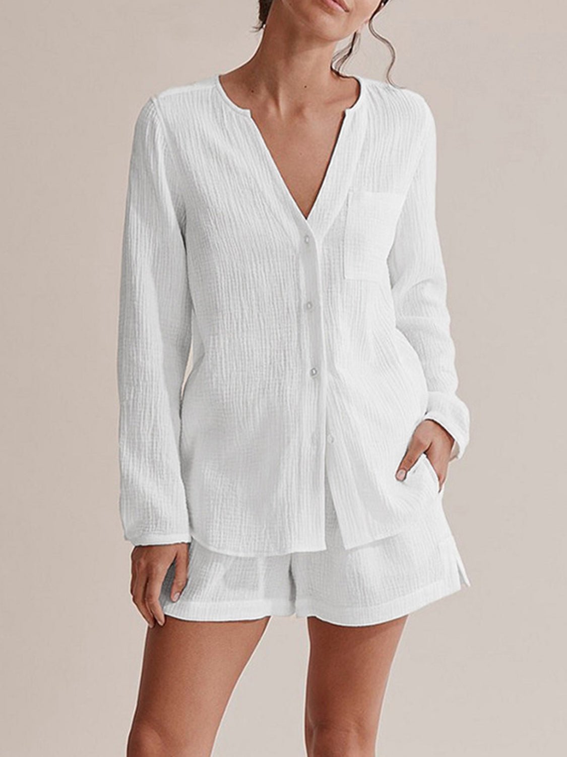 Notched Long Sleeve Top and Shorts Set - Flip Flop Dynasty