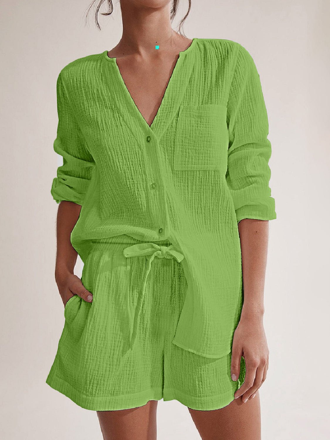 Notched Long Sleeve Top and Shorts Set - Flip Flop Dynasty