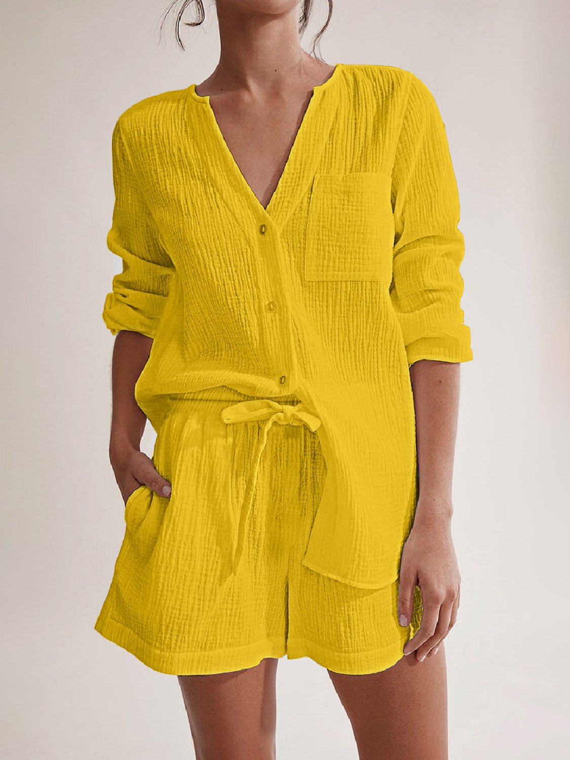 Notched Long Sleeve Top and Shorts Set - Flip Flop Dynasty