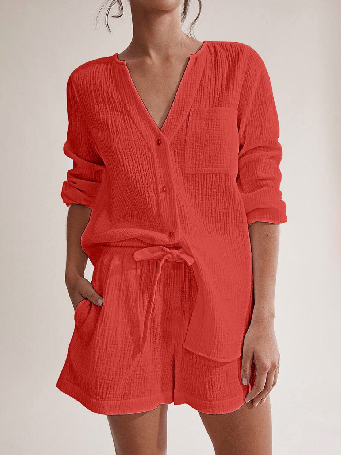 Notched Long Sleeve Top and Shorts Set - Flip Flop Dynasty