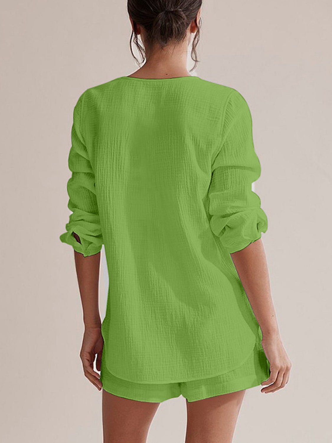Notched Long Sleeve Top and Shorts Set - Flip Flop Dynasty